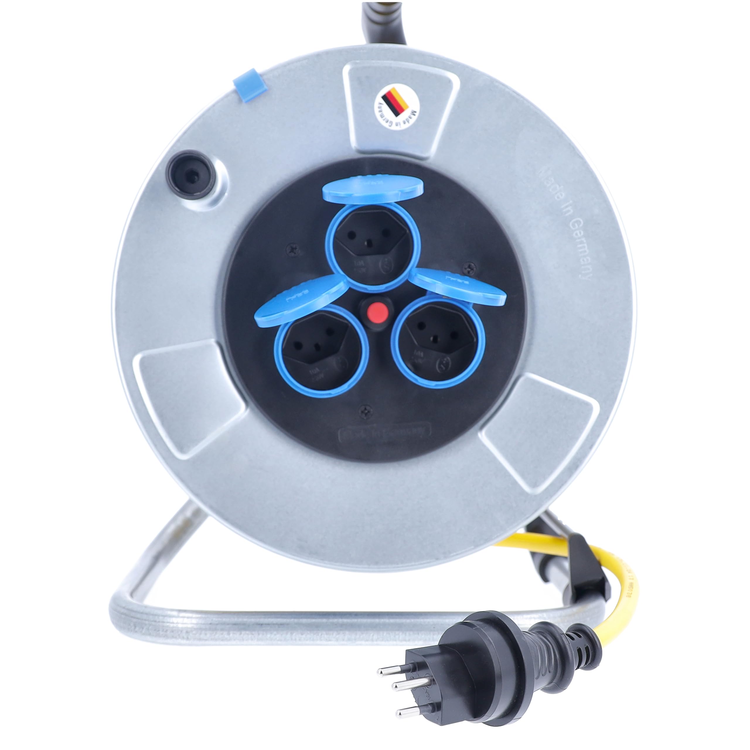 as - Schwabe avvolgicavo 25 m AT-N07V3V3-F 3G2,5, IP44 esterno, con spina SEV T13 IP55, 3 prese Tipo 13, interruttore termico di protezione, tamburo in lamiera d’acciaio zincata, Made in Germany