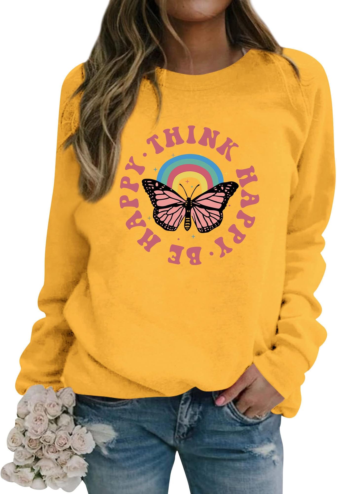 DresswelWomen Think Happy Be Happy Sweatshirt Positive Inspirational Quote Aesthetic Butterfly Graphic Jumpers Crew Neck Long Sleeve Pullover Tops
