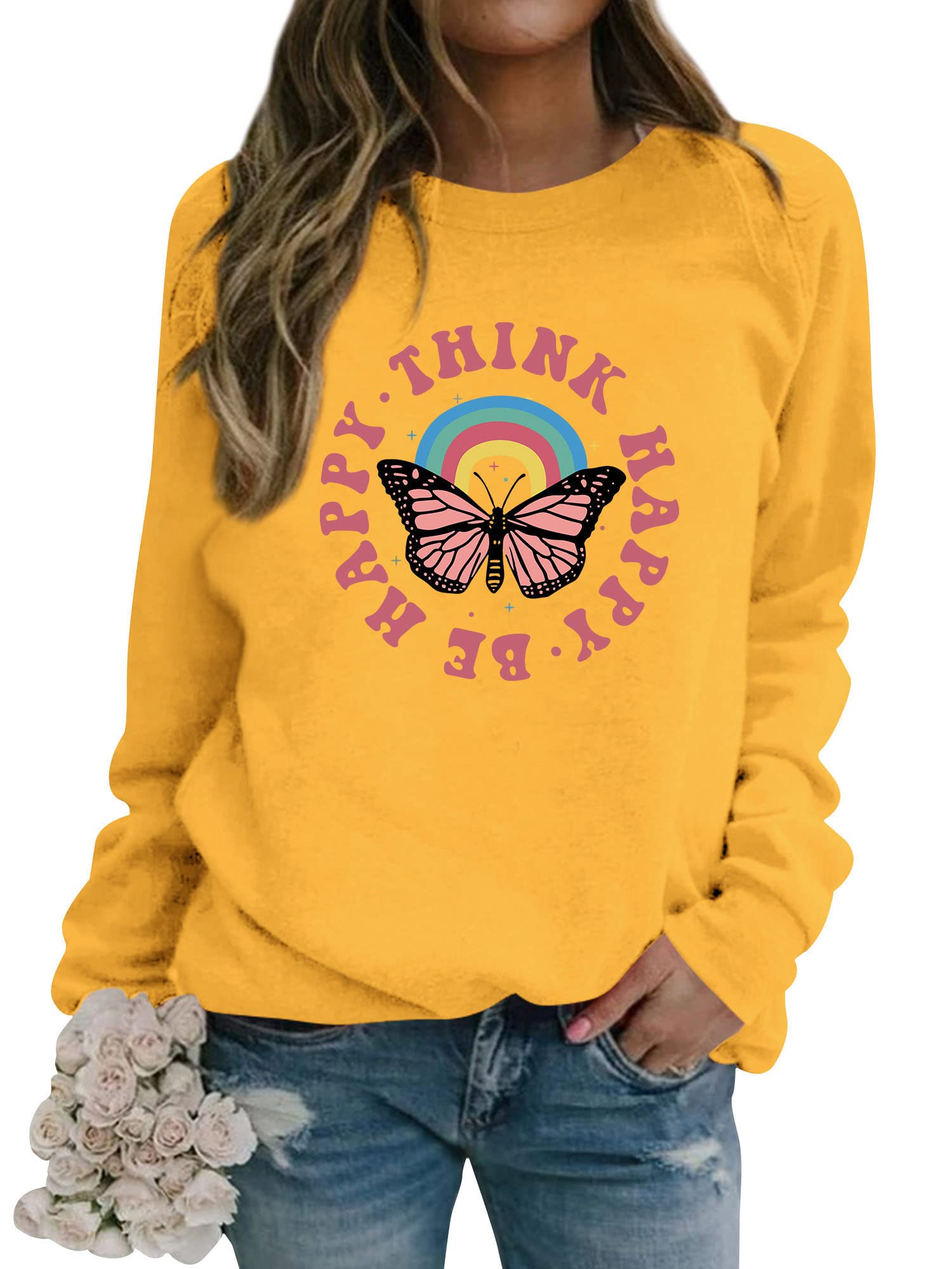 DresswelWomen Think Happy Be Happy Sweatshirt Positive Inspirational Quote Aesthetic Butterfly Graphic Jumpers Crew Neck Long Sleeve Pullover Tops