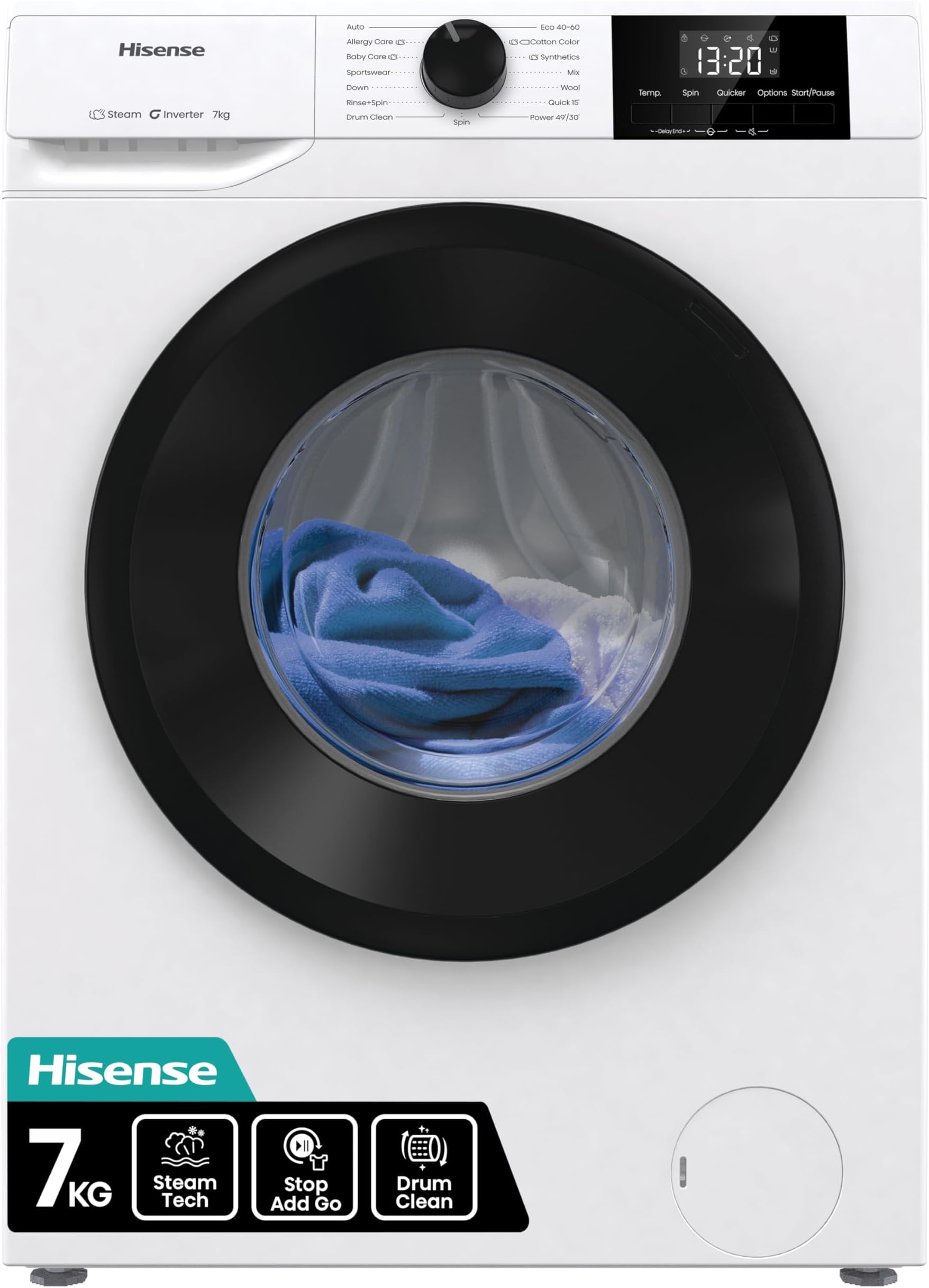 Hisense WF1G7021BW Freestanding 7 KG-Front Load Durable Inverter Washing Machine, Steam Wash-Quick Wash-15 Washing Programs-1200 RPM-White-Energy Rating B