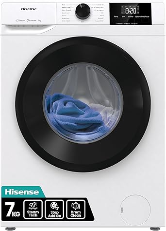 Hisense WF1G7021BW Freestanding 7 KG-Front Load Durable Inverter Washing Machine, Steam Wash-Quick Wash-15 Washing Programs-1200 RPM-White-Energy Rating B