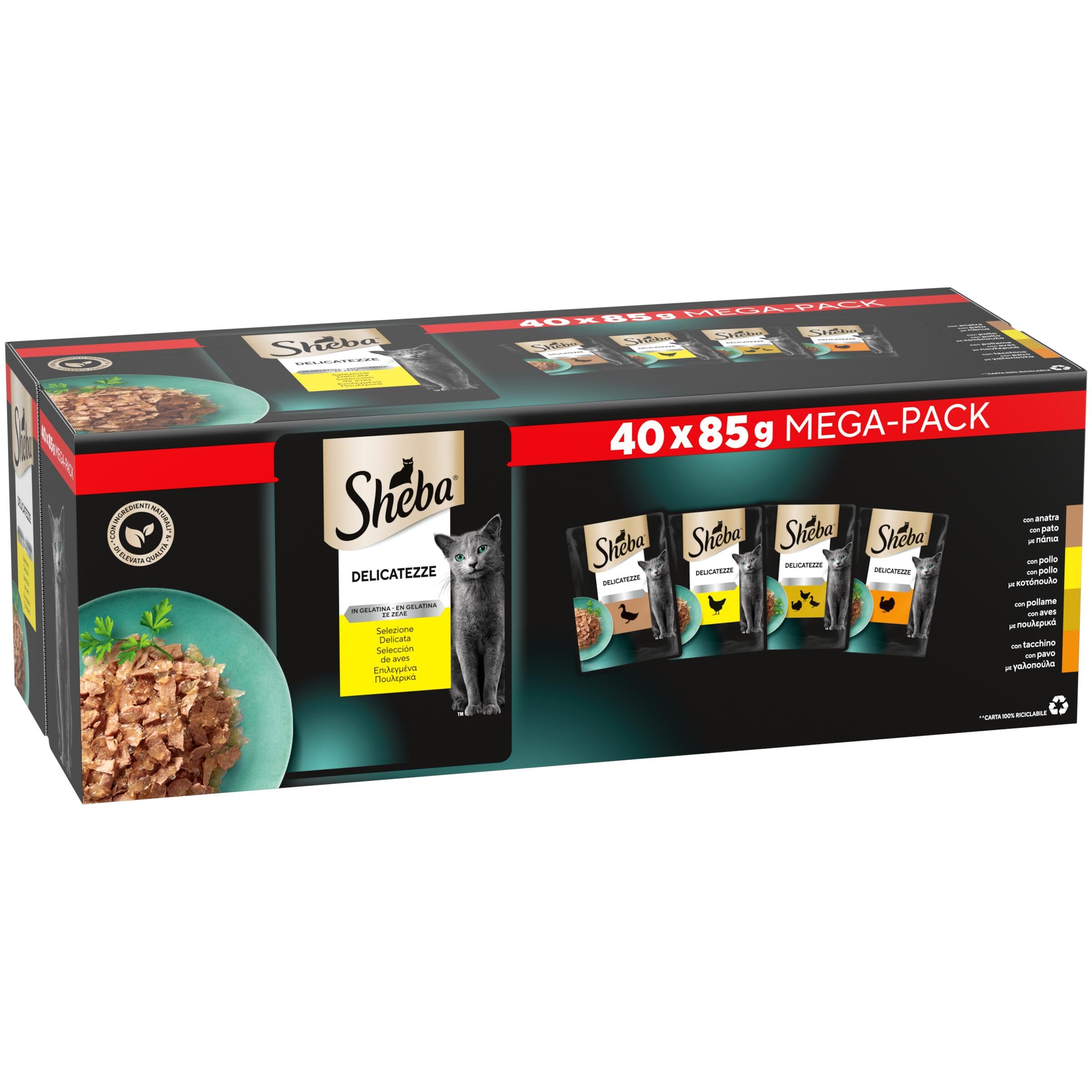 Sheba Delicatezze Comida Húmeda para Gatos, Selección de Aves en Gelatina, Mega Pack 40 Sobres de 85g