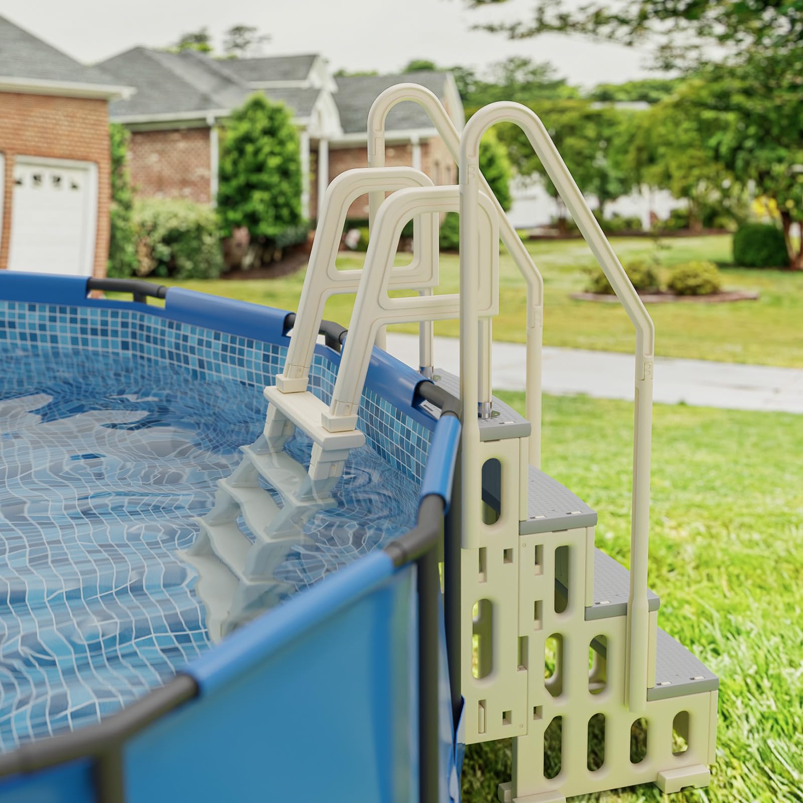 BONNLO Ensemble Escaliers de Piscine Double 4+5 Marches, PE, Blanc Cassé, Échelle de Piscine Creusée et Hors Sol 116cm, Anti-Dérapant, DIY Combiné