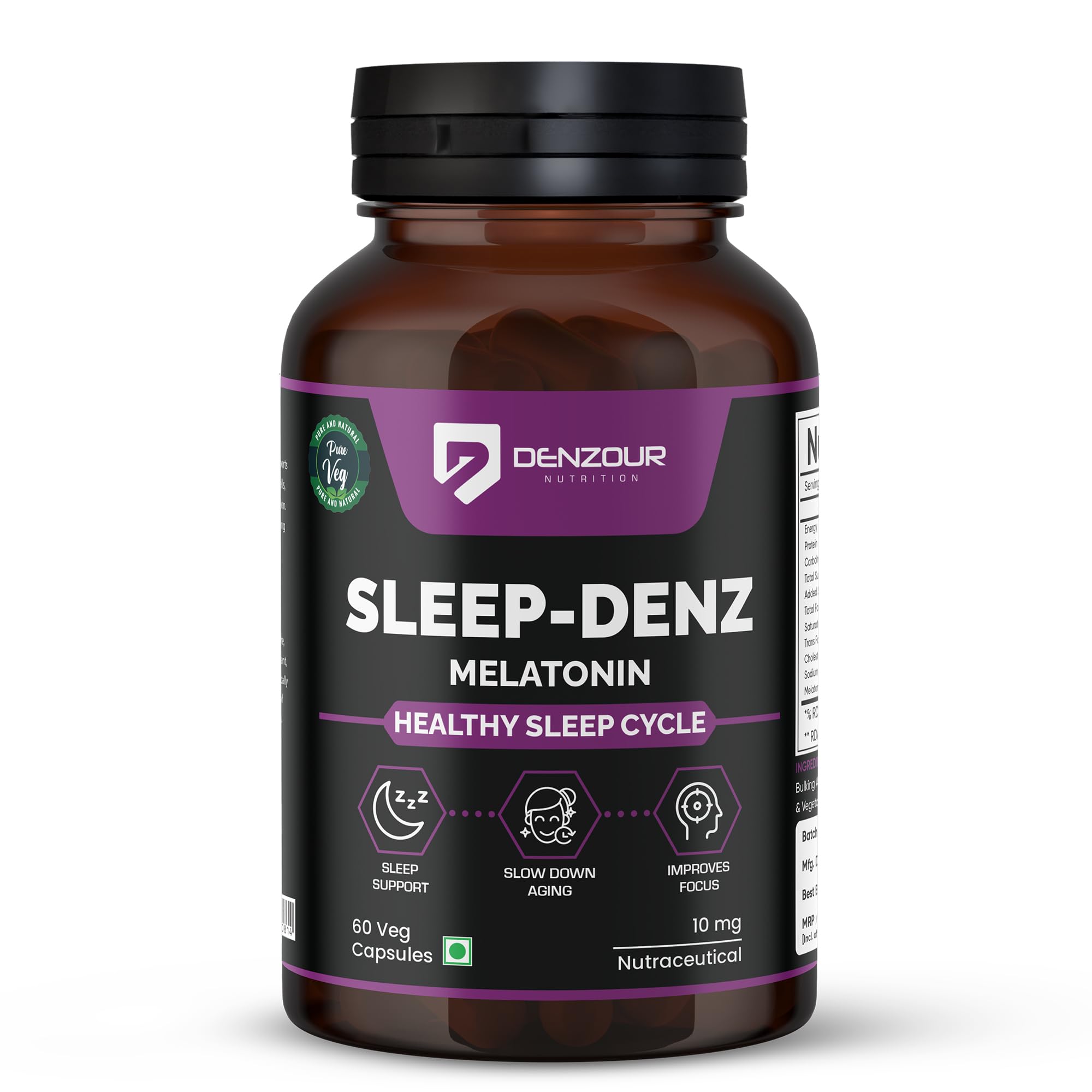 Sleep - Denz Melatonin 10 MG Per Serving | Healthy Sleep Cycle | Helps Sleep Support, Slow Down Aging & Improves Focus - 60 Veg Capsules (60 Servings)-image-21