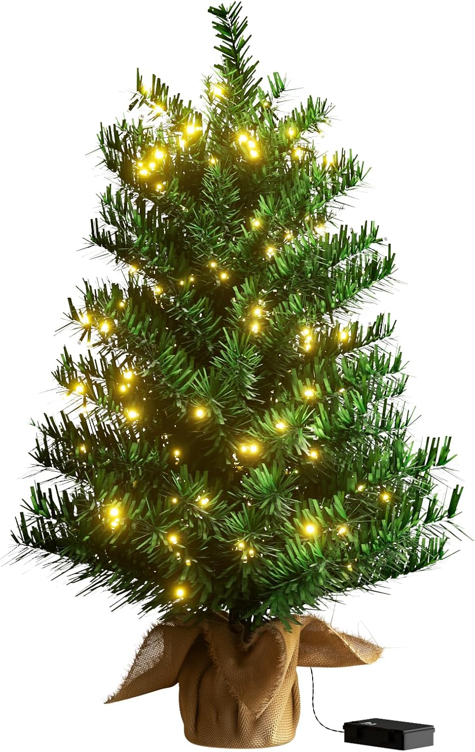 Pre-lit Artificial Mini Christmas Tree, 2ft Tipped Pine Artificial Christmas Tree, Includes 50 Led Warm Lights, Seasonal Indoor Home Decor with Decorative Burlap Base Green 2ft