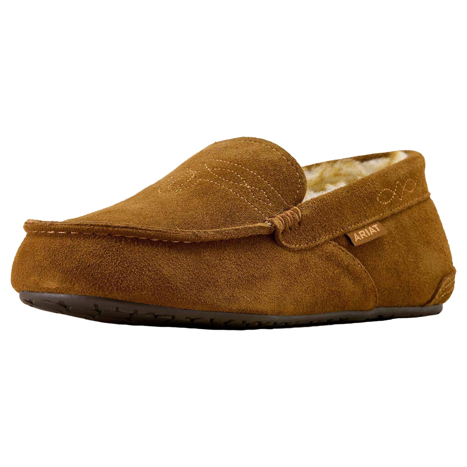 ARIAT Men's Clayton Moccasin Slippers - Durable Genuine Suede Warm Casual Stylish Indoor/Outdoor Shoes with Plush Boa Lining