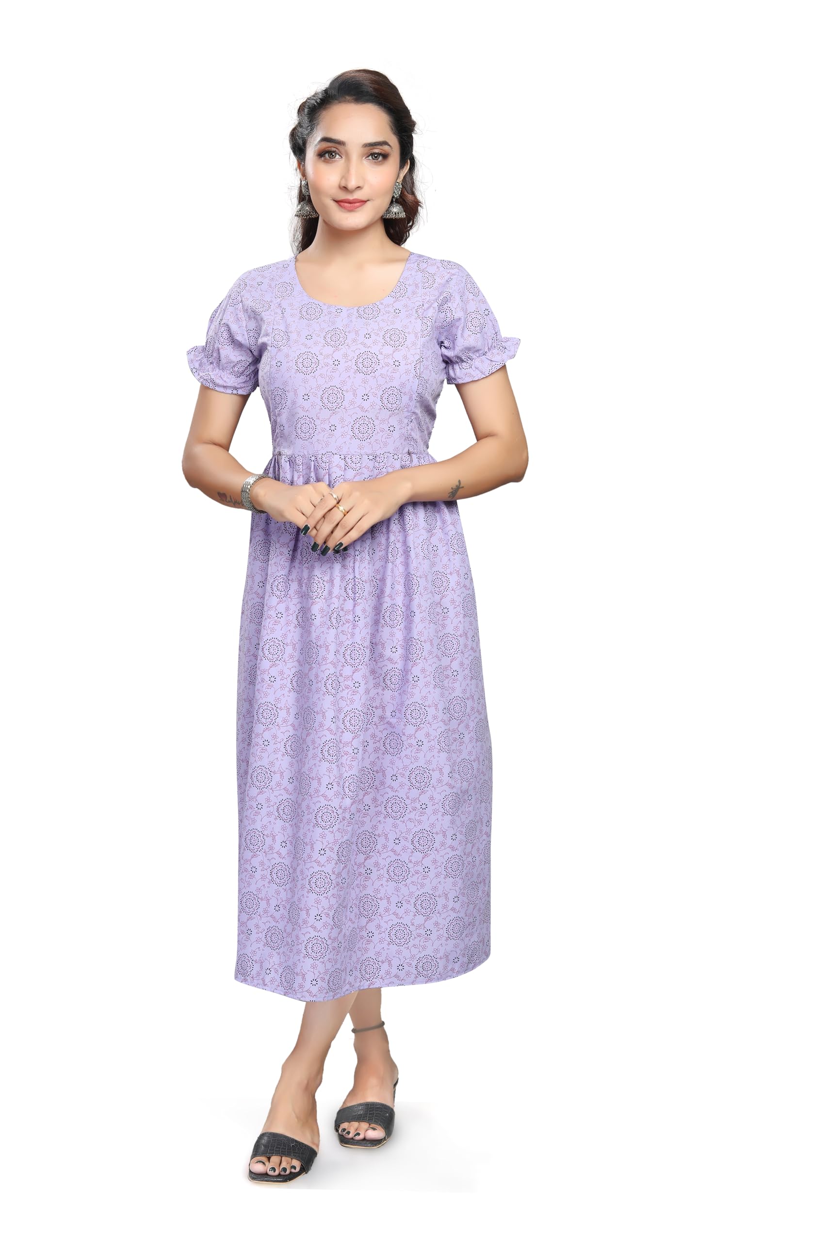 Mom&BaePrinted Flared Maternity Dress for Women, Feeding Kurti with Concealed Zip for Pre & Post Pregnancy