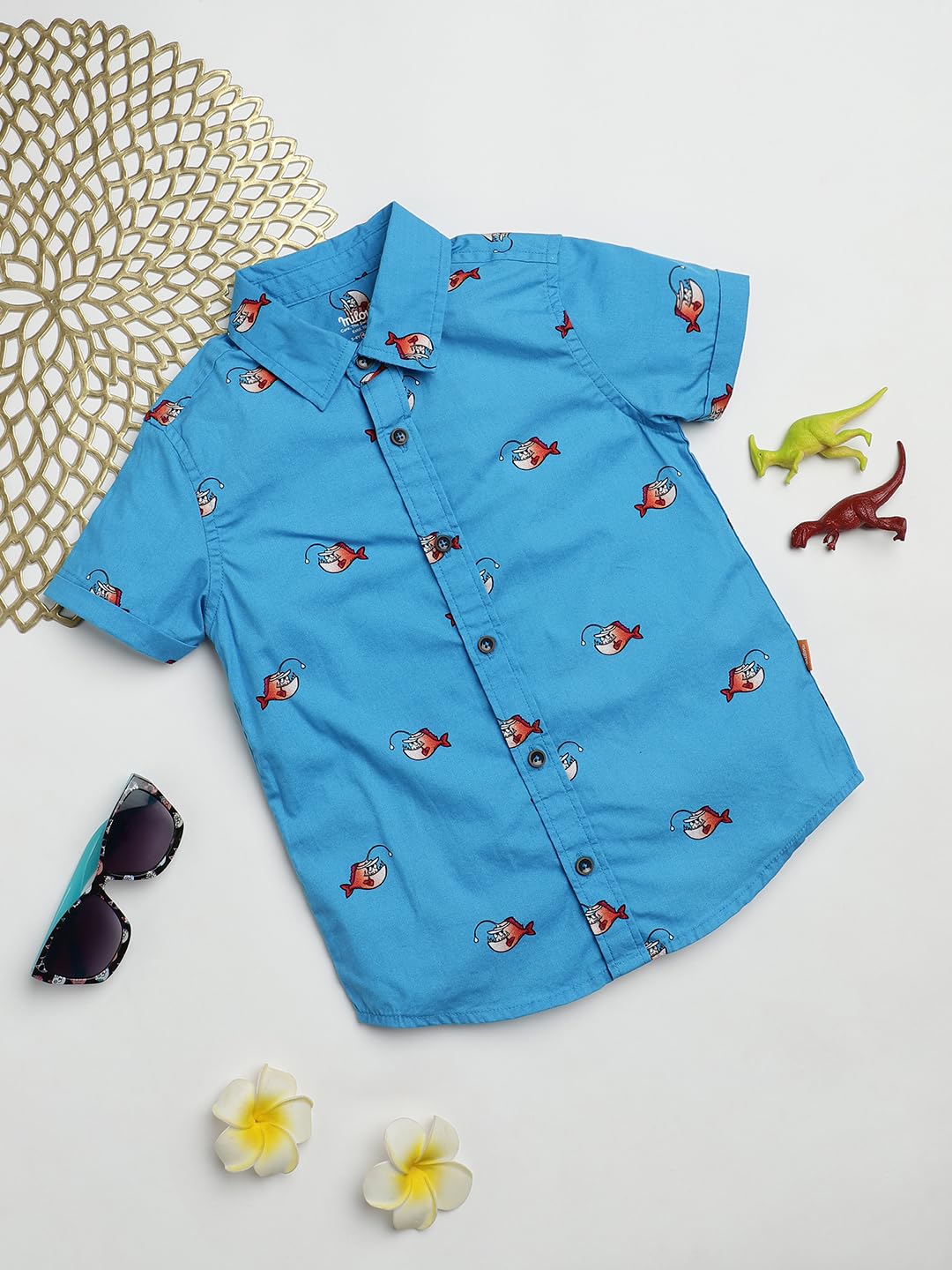 Milou Cotton Half Sleeves All Over Printed Bio Washed Shirt - Blue - Image 5 thumbnail