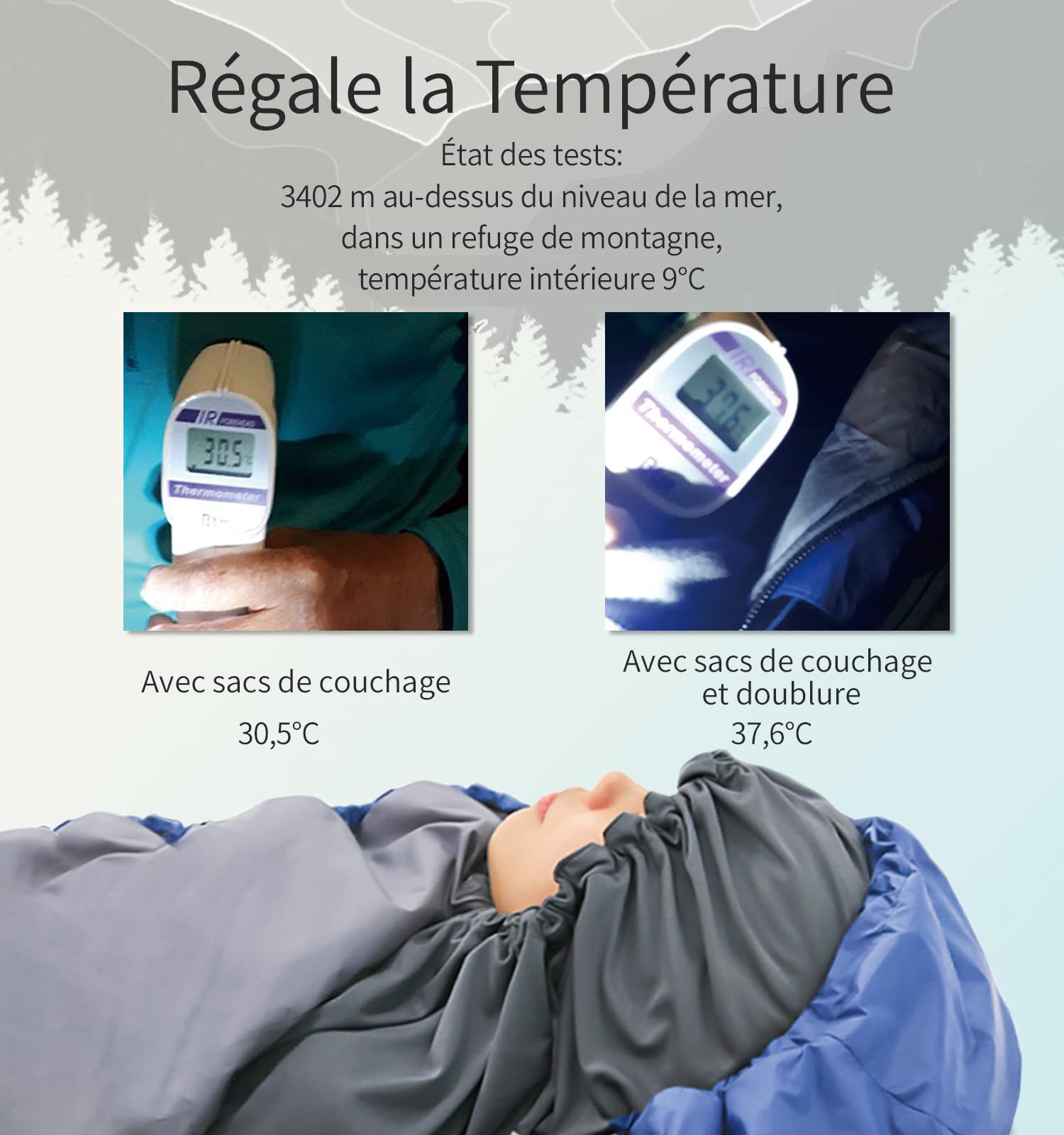 Litume Sac à Viande Momie en Velours/Thermolite avec Capuche à Cordon, pour Camping, Randonnée, Voyage, Hôtel, Léger, Compact, Doux, Chaud
