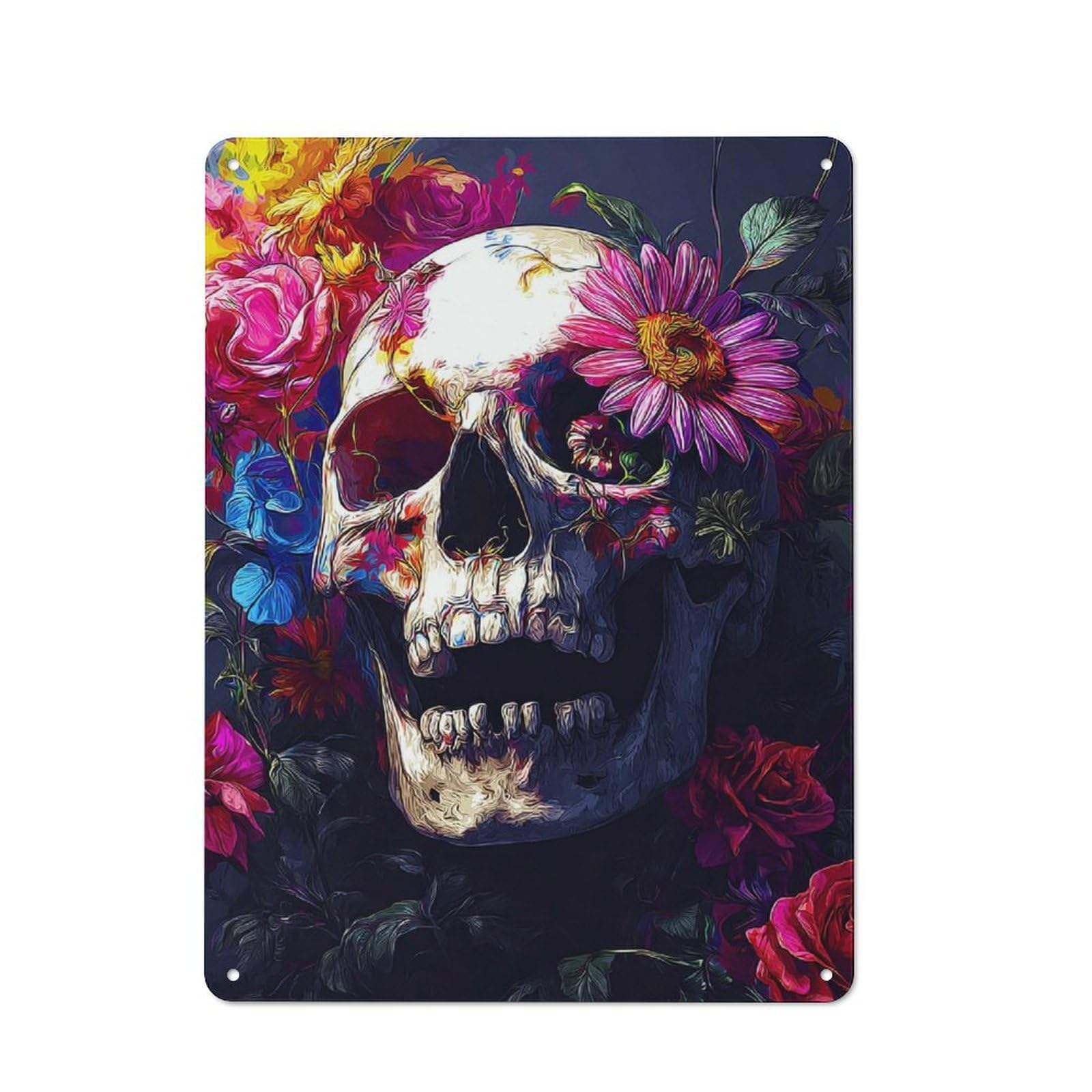 Junmoney Skull With Flowers Artistic Fusion Metal Wall Sign 40X30cm Featuring For Home Bar Wall, Housewarming Present For People Styling Home Bar