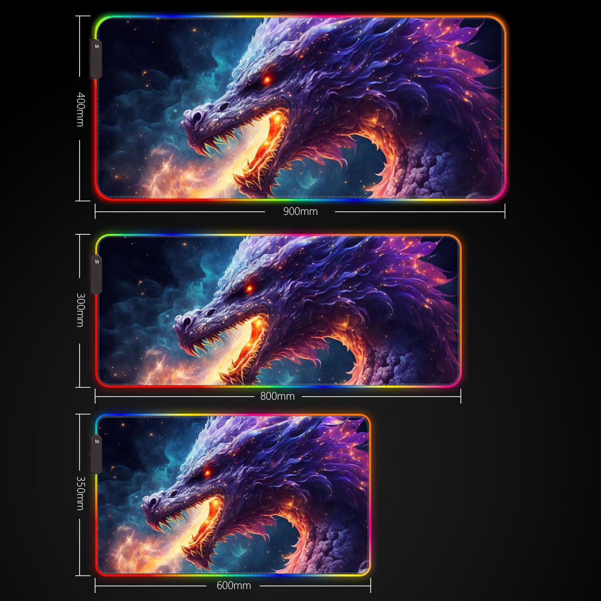 Tappetino per mouse RGB Gaming XXL, grande LED, 7 colori e 4 modalità di effetto, fondo in gomma antiscivolo, per MacBook PC anziano Dragons Galaxy 15,7 x 35,4 pollici