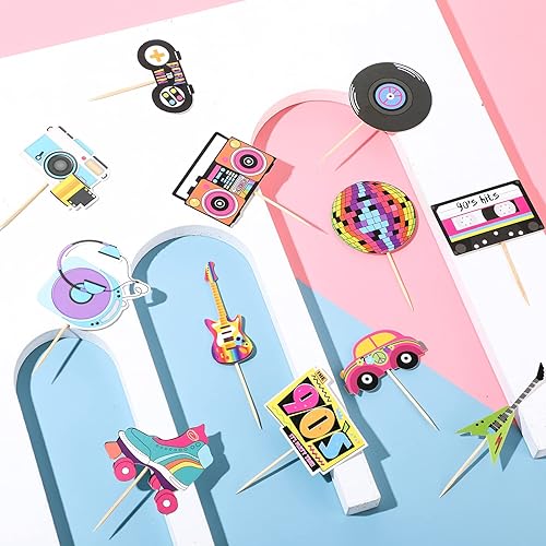 Miniatura 7 de Epakh 48 piezas de decoración para cupcakes de los años 90, decoración de fiesta temática de los años 90, hip hop, música, danza, retro, skate,