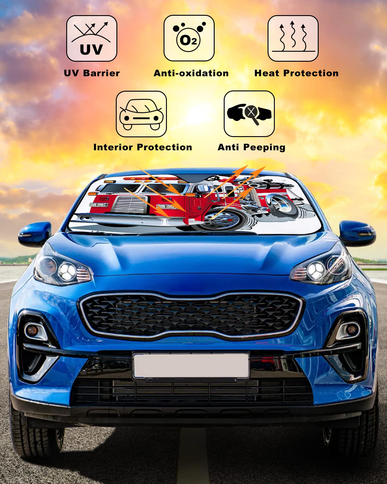 Front Car Windshield Sun Shade 29x51in, Red Car Red Fire Truck Pattern Foldable Car Sunshade Blocks Sun UV Rays Protector Car Sun Visor Protector Keep Cool Car Sunshade