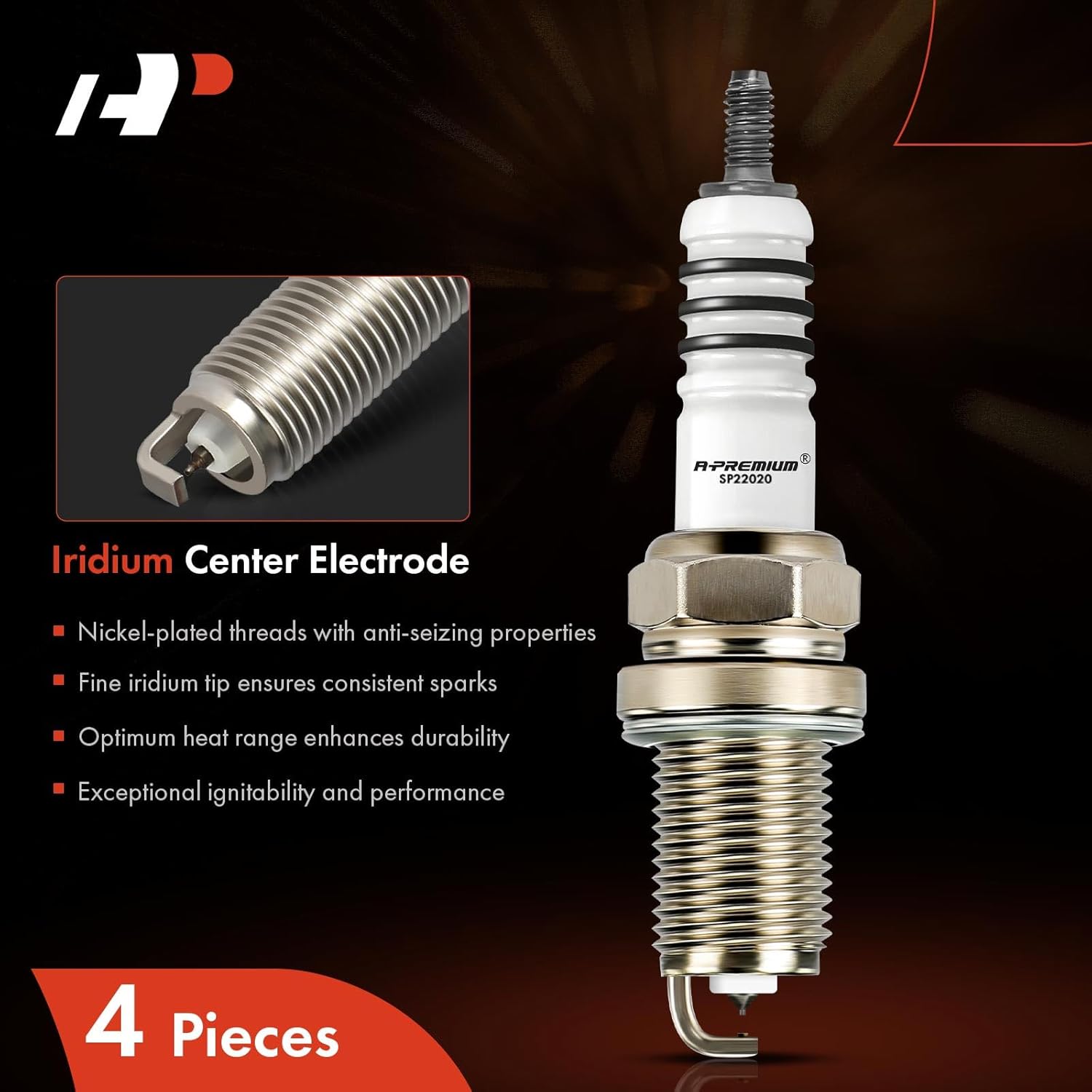 A-Premium Iridium Platinum Spark Plugs Compatible with Honda Goldwing, Interceptor, Nighthawk & Suzuki GS500, VX800 & Triumph Adventurer, Tiger & Yamaha FJ1100, SRX600 (Pack of 4)