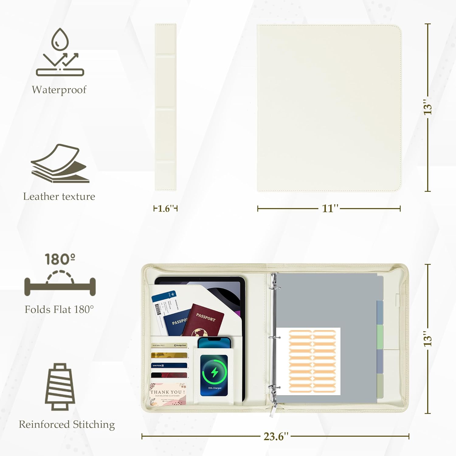 EYROZILL Zippered Leather 3 Ring Binder Organizer with Pockets – Business Portfolio Folder with Card Slots, Phone Holder, Pen Loop (Beige)