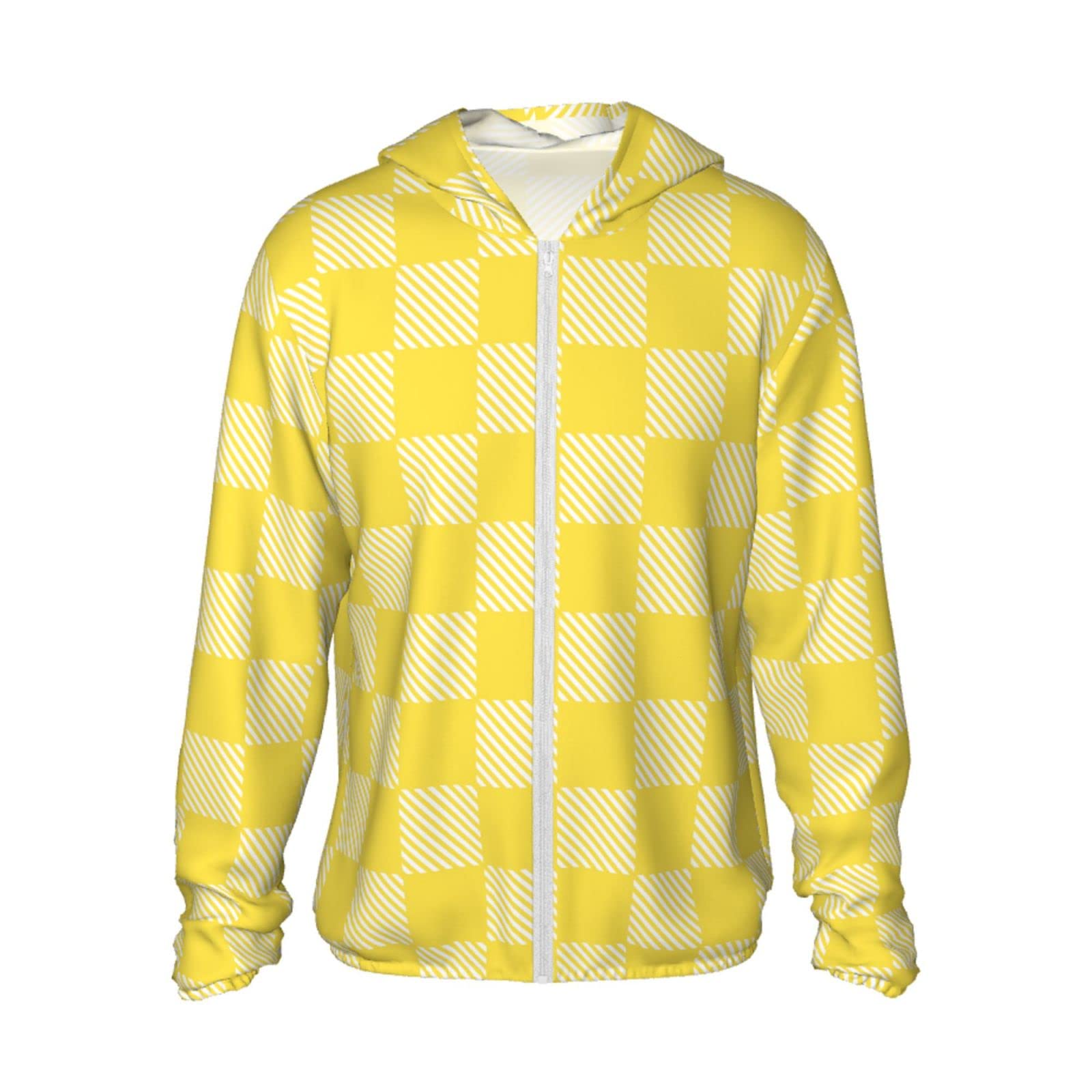 errtavt Yellow and White Race Checkered Flag Sun Protection Hoodie Women's Long Sleeve Uv Shirts Jacket Jacket Hooded with Pockets for Hiking Outdoor 3X-Large