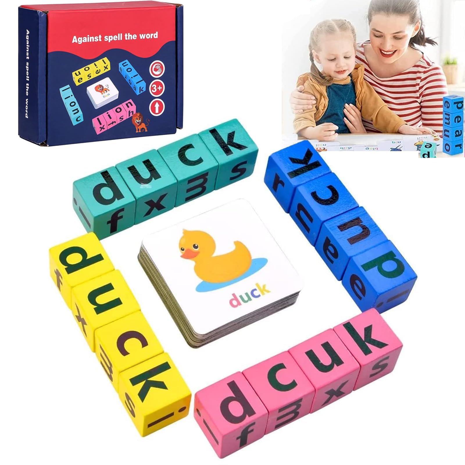 Excefore Spelling Game for Wooden Blocks, Crossword Puzzles With 40 Cards, Matching Letter Game Toys for Kids, Montessori Learning Toy, Color Alphabet Letters Matching Flash Cards for Age 3+ Kids