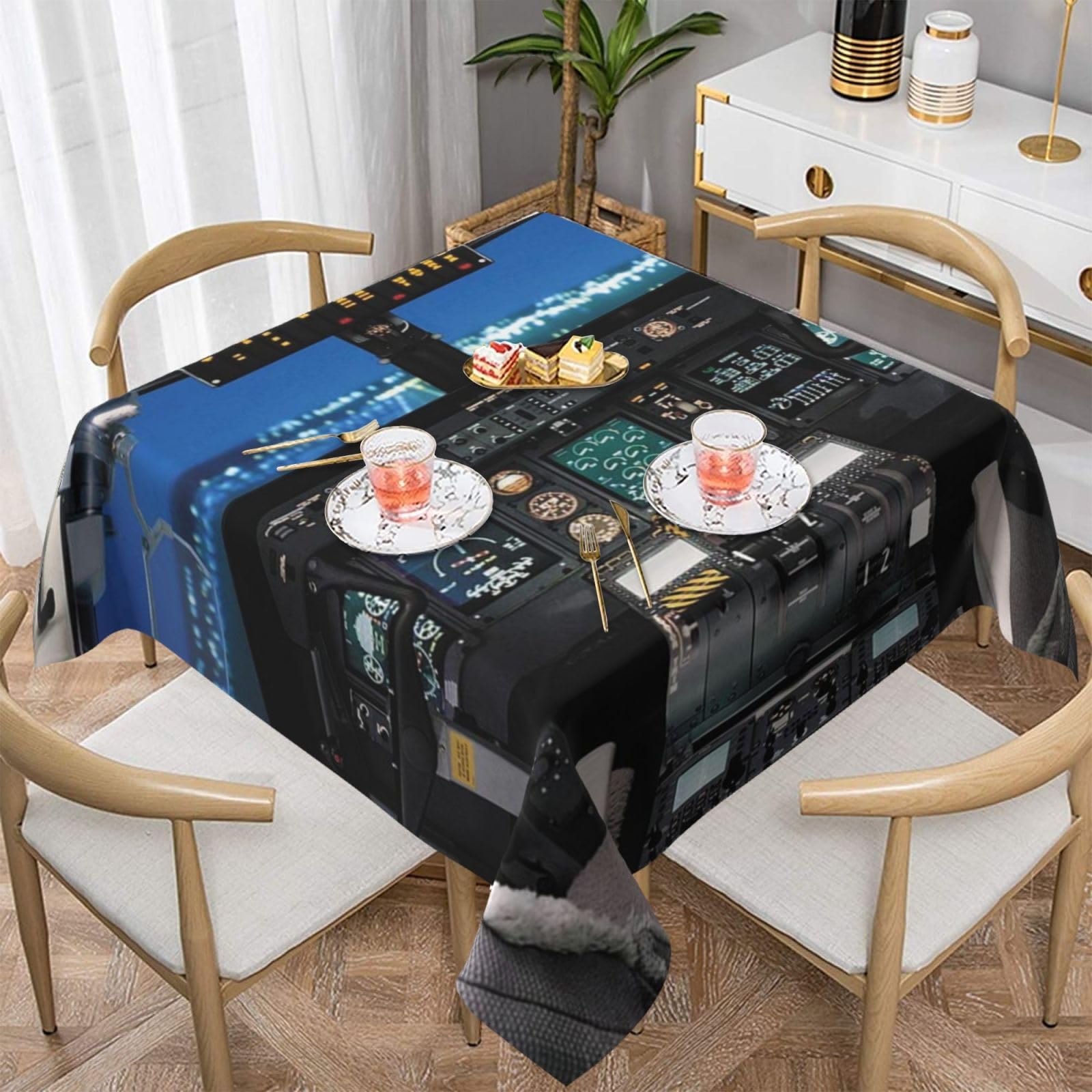 DCEHGEW Airplane Cockpit Prints Square Tablecloth 152x152 CM, Waterproof Fabric Table Cloth for Dining Table, Farmhouse Table Cover for Kitchen Dining Tabletop Decoration