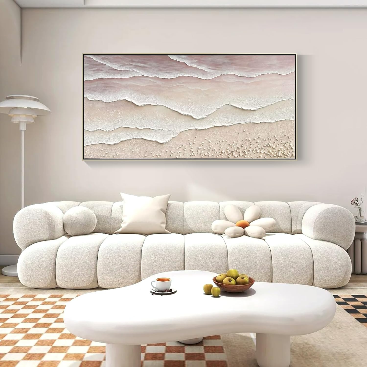 White Hand Painted Oil Painting Wall Art - Large Framed Ocean Waves 3D Textured Home Decor 48x24 Horizontal Canvas Minimalist Artwork Decoration for Living Room Bedroom