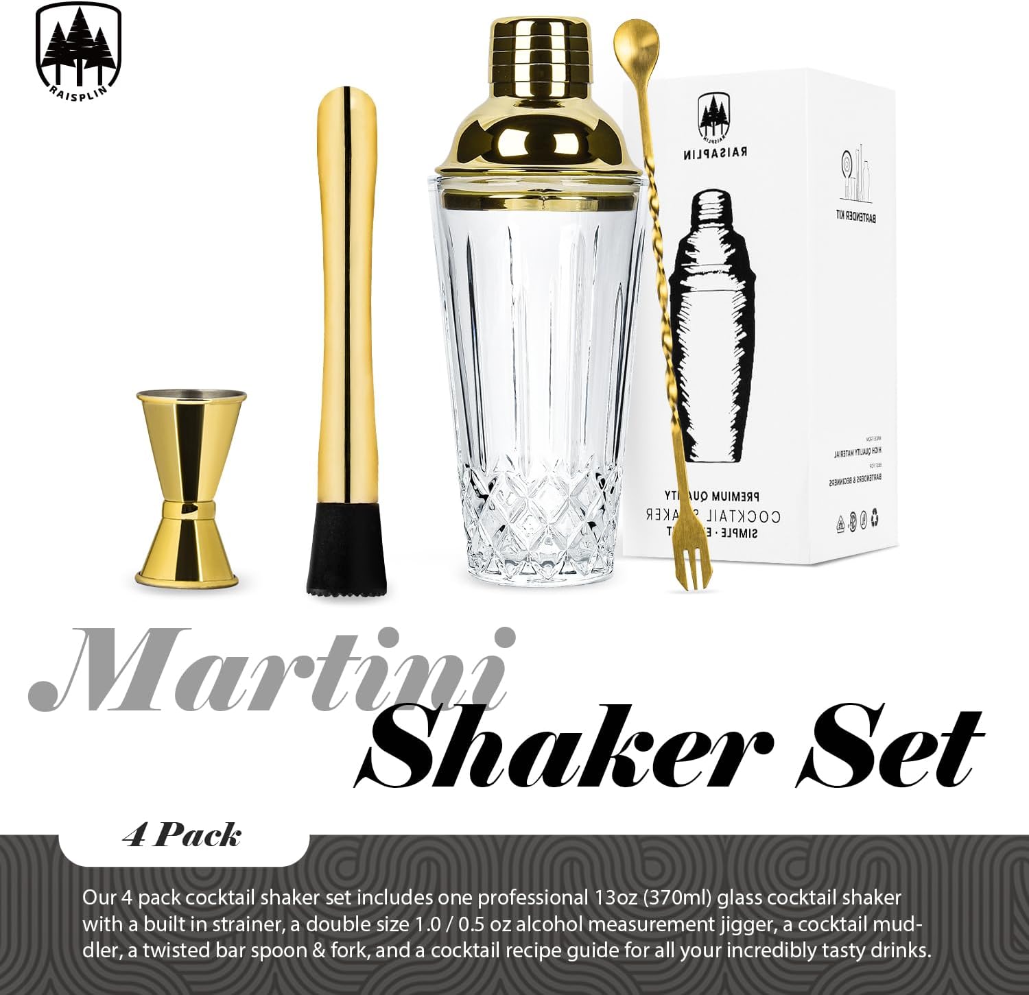 4-Piece Glass Cocktail Shaker Set - Mini Home Bar Bartender Set, Including a Glass Shaker, Extra Long Muddler, 11" Spoon, and Double Jigger - Gold