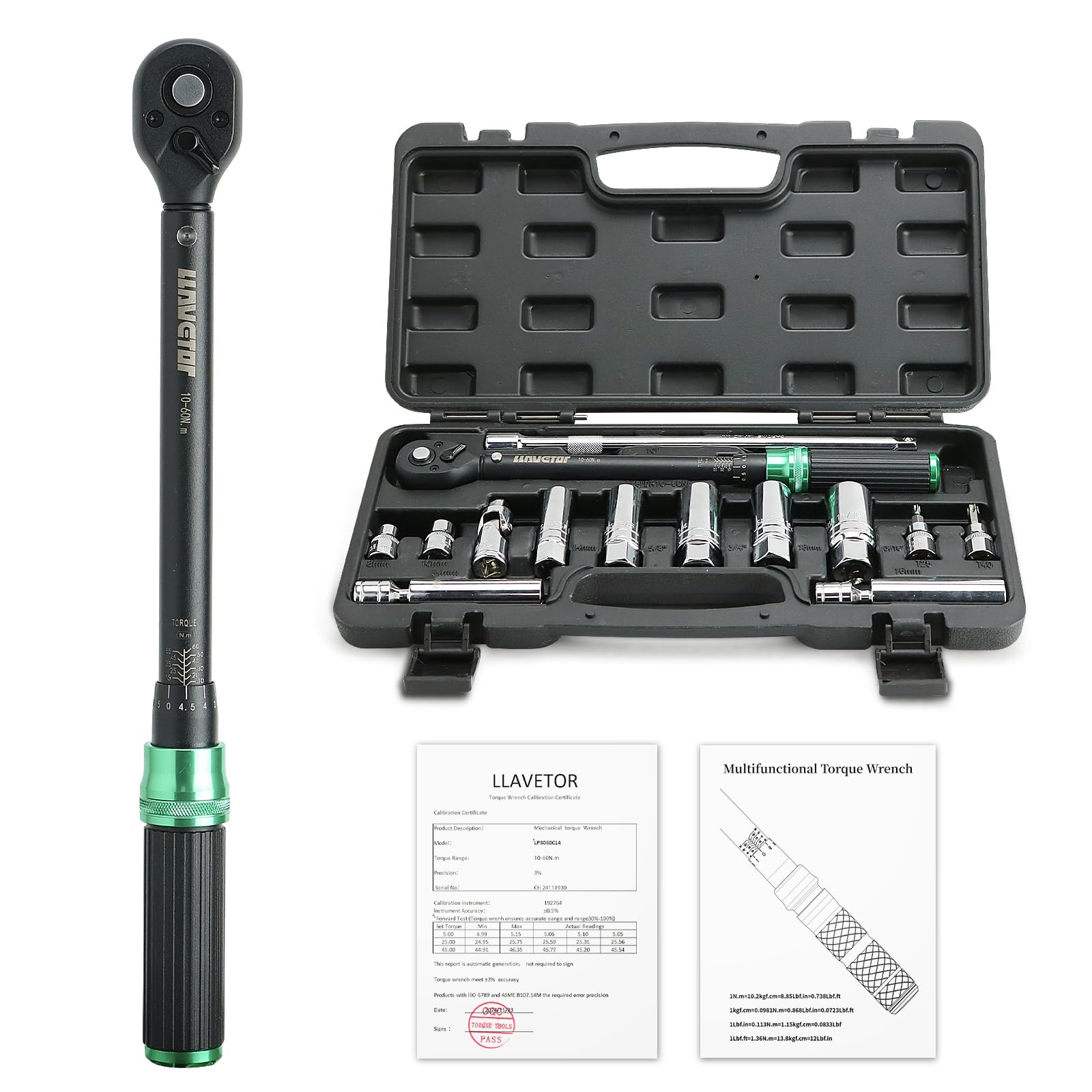 Torque Wrench 3/8" 5-60Nm Bike Motorcycle Auto Set ±3% Error Accuracy with Extension Bar Magnetic Spark Plug Case (10-60Nm (14PCS))