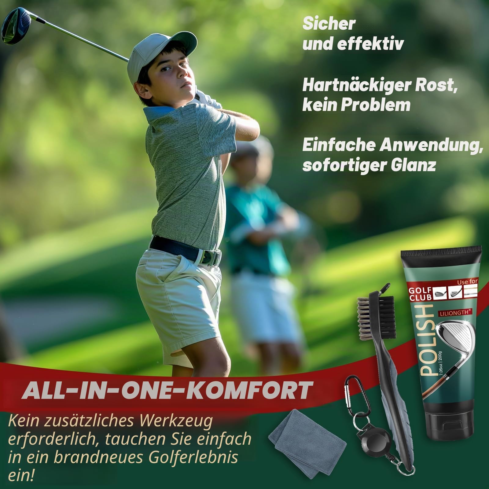 Golfschläger-Reinigungsset 3-in-1 mit Golfschläger-Reinigungsbürste, Handtuch und 200 g Golfschläger-Politur – Golfschläger-Pflegeset für sofortigen Rillenrost & Kratzerentferner