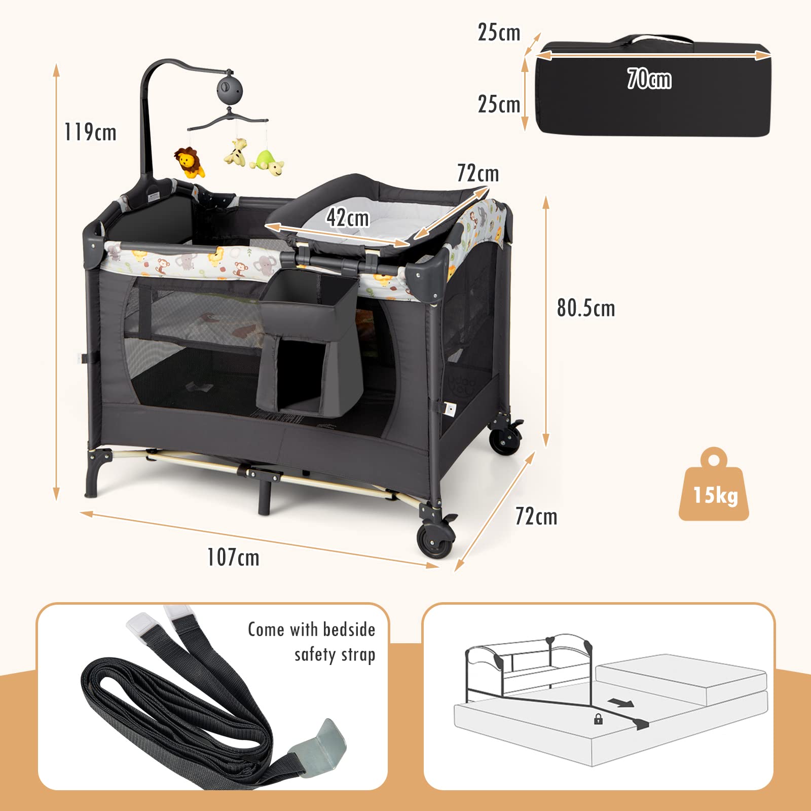 RELAX4LIFE 4 in 1 Lettino da Campeggio per Bambini, Culla Neonato con Fasciatoio, Materasso e Cingia Fissagio, Altezza Regolabile con 3 Livelli, Adatto a Bambini da 3 a 36 Mesi (Grigio Scuro)