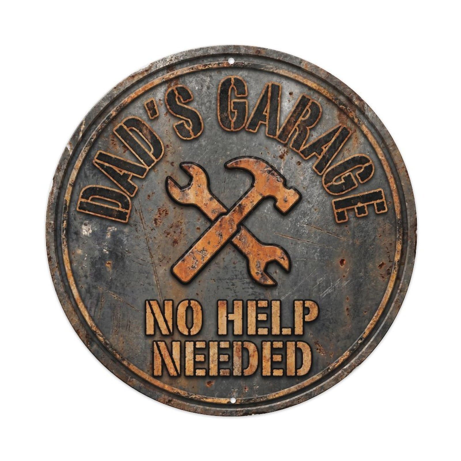 Dad Garage No Help Needed Vintage Round Man Cave Retro Slogans 2 Metal Tin Sign Plaque Wall Decor for Cafe, Club, Garden Round Metal Poster 8x8Inch