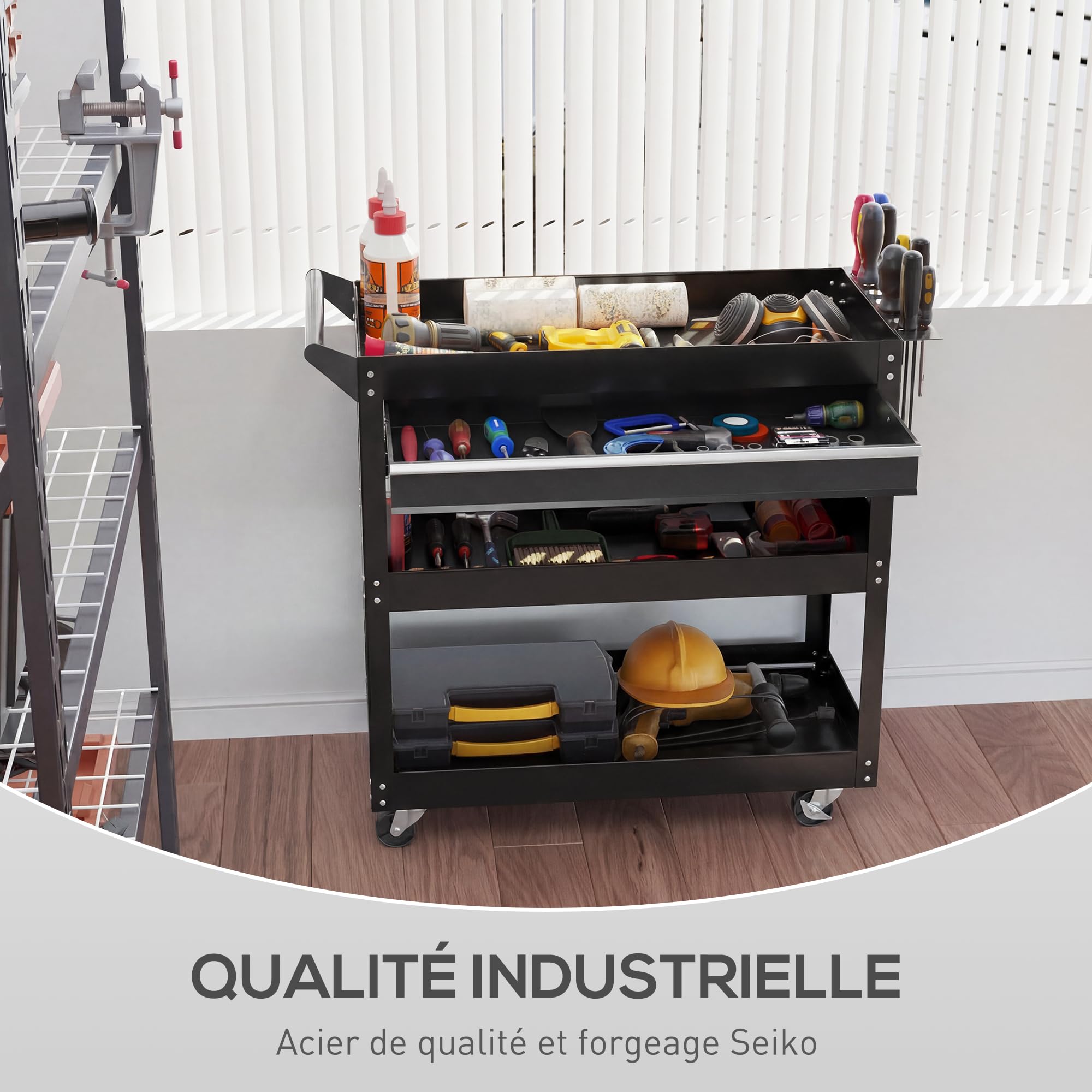 DURHAND - Carro de taller para taller de 3 niveles con cajón, portaherramientas lateral y asa, sirve taller para garaje, almacén, herramientas de bricolaje, 82 x 35 x 76 cm, color negro