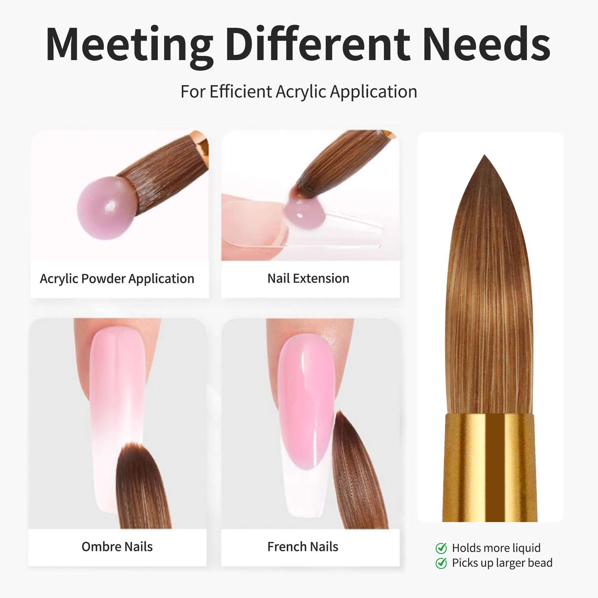 Kolinsky - Cepillo de uñas acrílicas con mango de madera maciza dorada, pinceles de manicura profesional para aplicación de uñas acrílicas en polvo, artículos esenciales para arte de uñas de