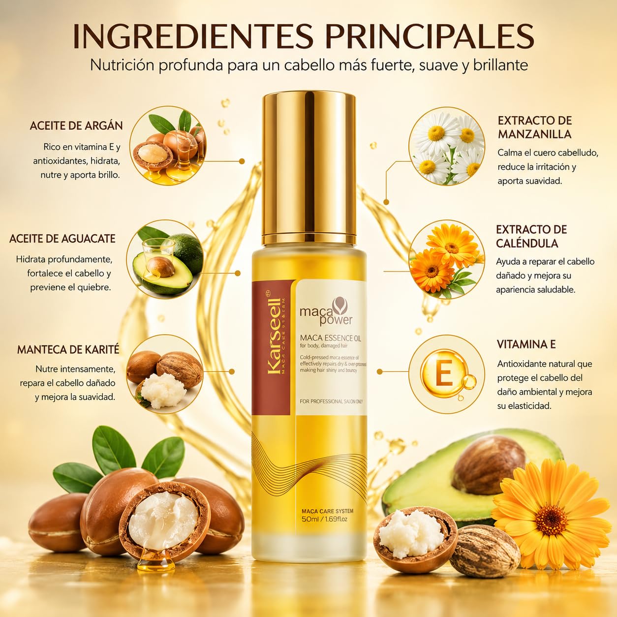 Karseell MACA CARE SYSTEM Sérum Capilar Profesional Aceite de Argán Karité Hidratación Reparación Brillo Antifrizz Alisado Nutritivo Puntas Abiertas Cabello Seco Dañado Teñido Rizado Sin Sulfatos 50ml