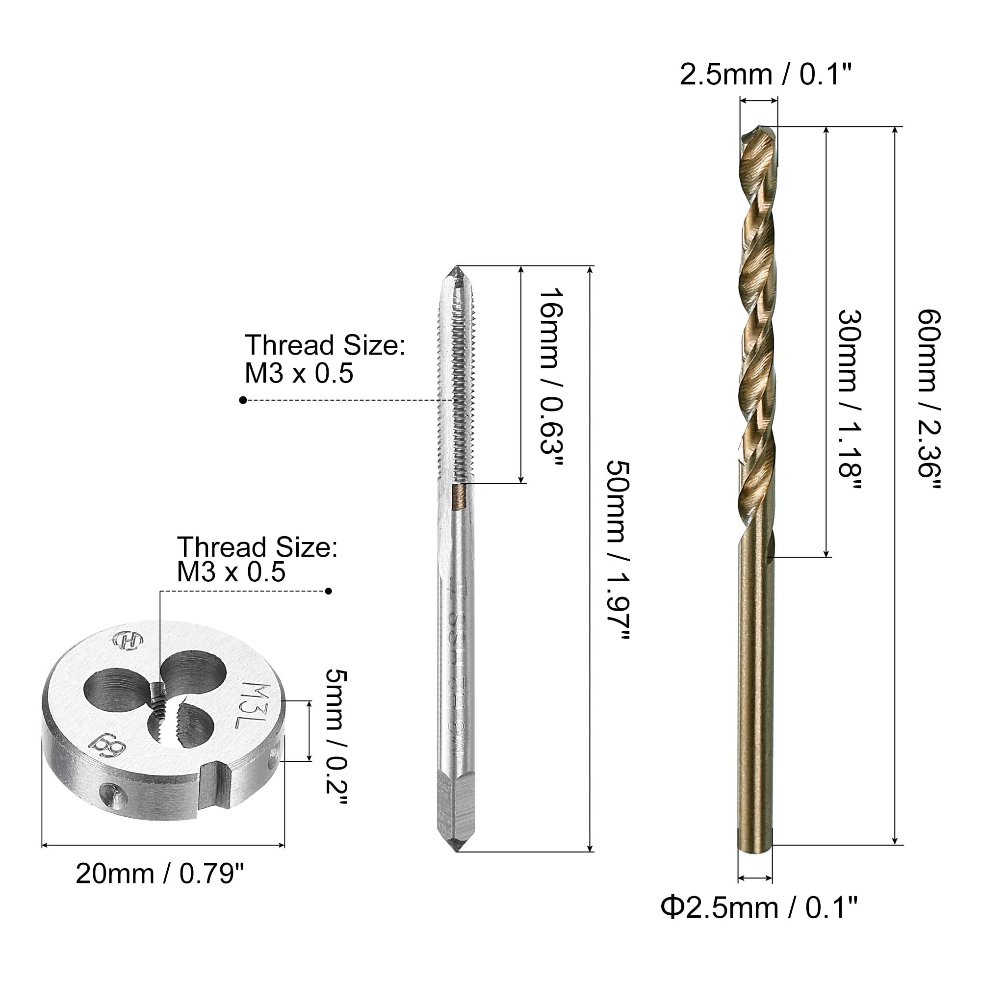 sourcing map M3 x 0,5 mm M3 x 0,5 filettatura sinistra e dado rotondo, punta elicoidale in acciaio al cobalto ad alta velocità da 2,5 mm