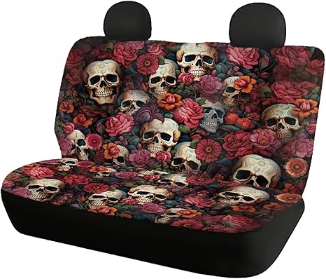 Skull Soft Back Seat Covers Ser of 2 Universal Fit Most Trucks SUV Van,Rose Print Car Bench Seat Covers for Dogs Easy to Install