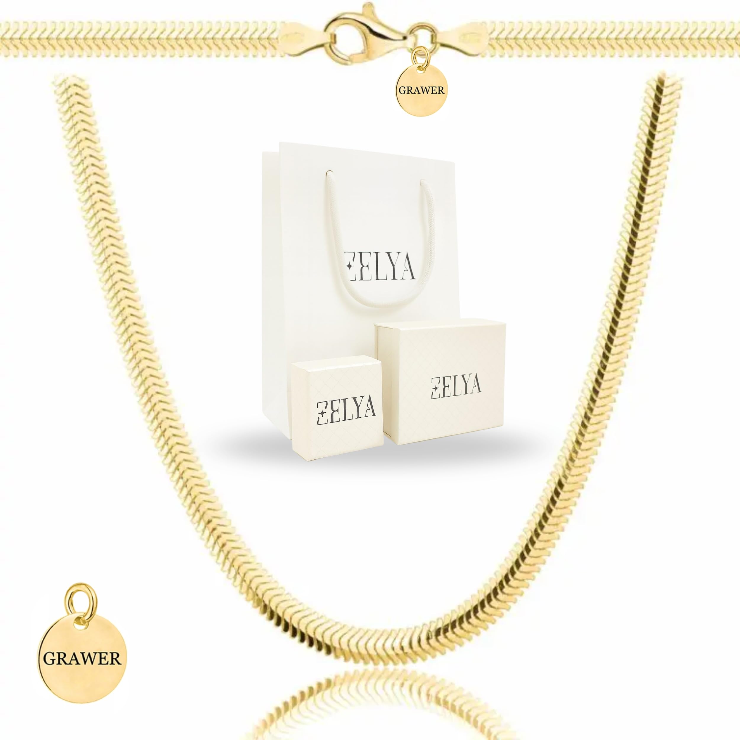 ZELYA GOLD kette 925/585 damen– Schlangenkette 3,5-4,3 mm breit, 45–60 cm Länge, collier gold- choker gold snak, goldene kette personalisiert, Echt Silber Schmuck Geschenk set