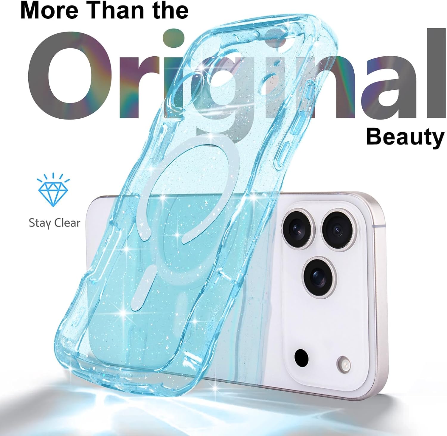 Magnetic for iPhone 17 Pro Max Case Clear, Sparkly Bling Glitter Cute Curly Wave Cover for Women Men Compatible with MagSafe TPU Shockproof Protective Phone Case for iPhone 17 Pro Max, Blue - Image 3