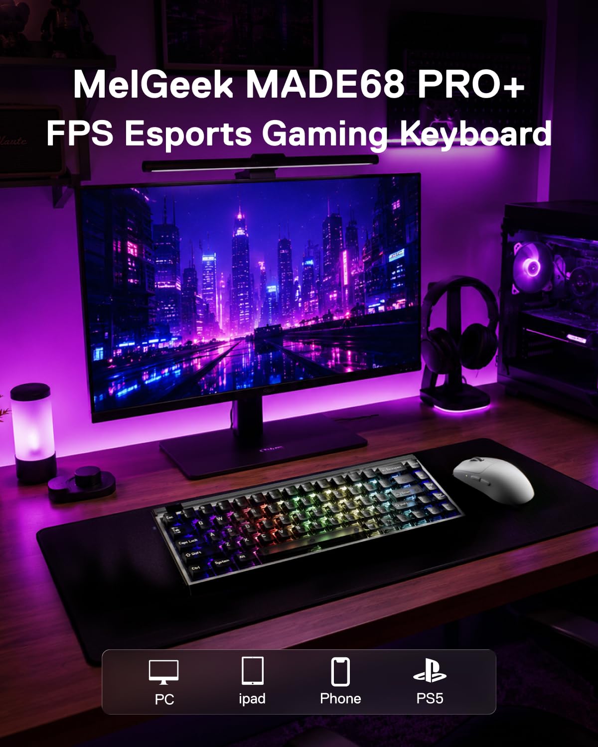 MelGeek MADE68 Pro+ - Tastiera cablata con interruttore magnetico effetto Hall, trigger rapido compatto al 65%, hot-swap, tocco RGB Snap e azionamento regolabile, HIVE personalizzato online (grigio