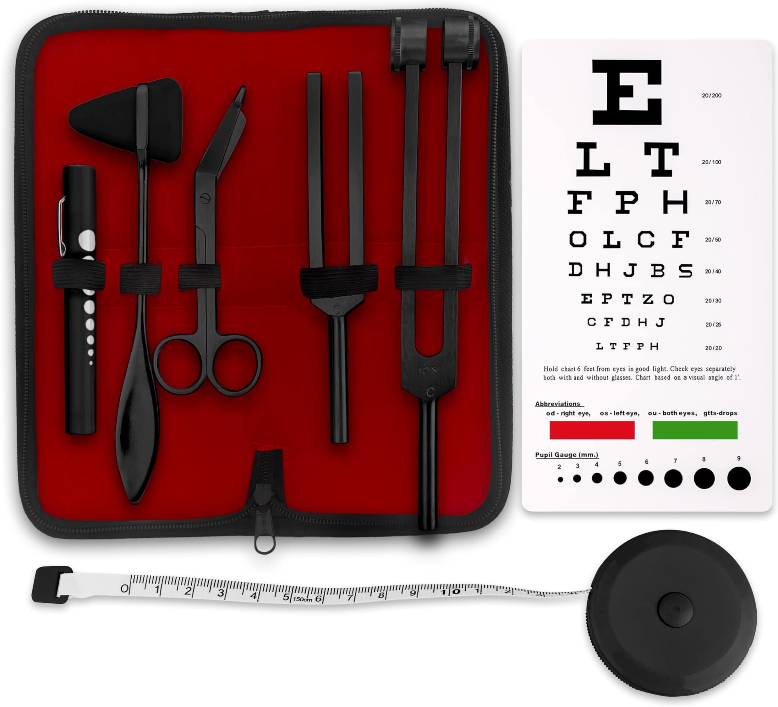 ASA TECHMED Premium 7 Piece Tactical Black Diagnostic Kit - Taylor Hammer, Measuring Tape, Tuning Forks, Bandage Scissors, Pupil Gauge Penlight, Snellen Eye Chart (Black)