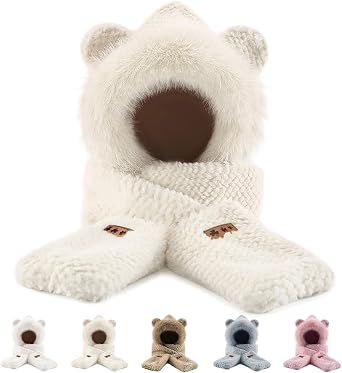 Hooded Scarf for Women Winter, Faux Fur Bear Hat Scarf Gloves Set