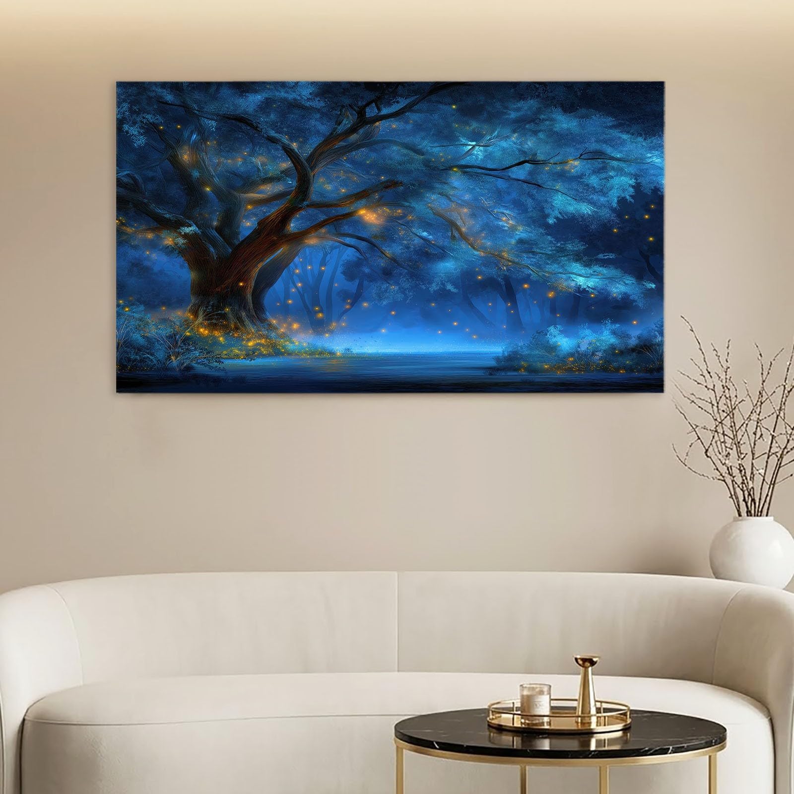 Obraz ścienny Fantasy las obraz na płótnie - płótno ścienne 120 x 60 cm, druk na płótnie ze świetlikami, roślinami, drzewami, oprawiona sztuka ścienna do salonu i sypialni, dekoracja ścienna