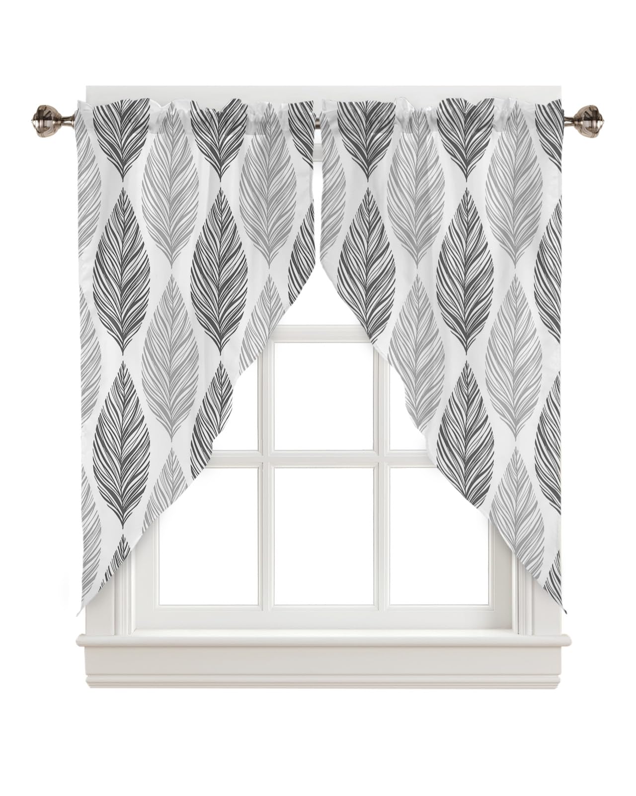 Swag Curtain,Grey Leaf Botanical Leaf Art Kitchen Valances Rod Pocket Curtains Tier Pair Swag Topper,Simple Abstract Art White 2 Panels Window Treatment for Bathroom Living Room Bedroom