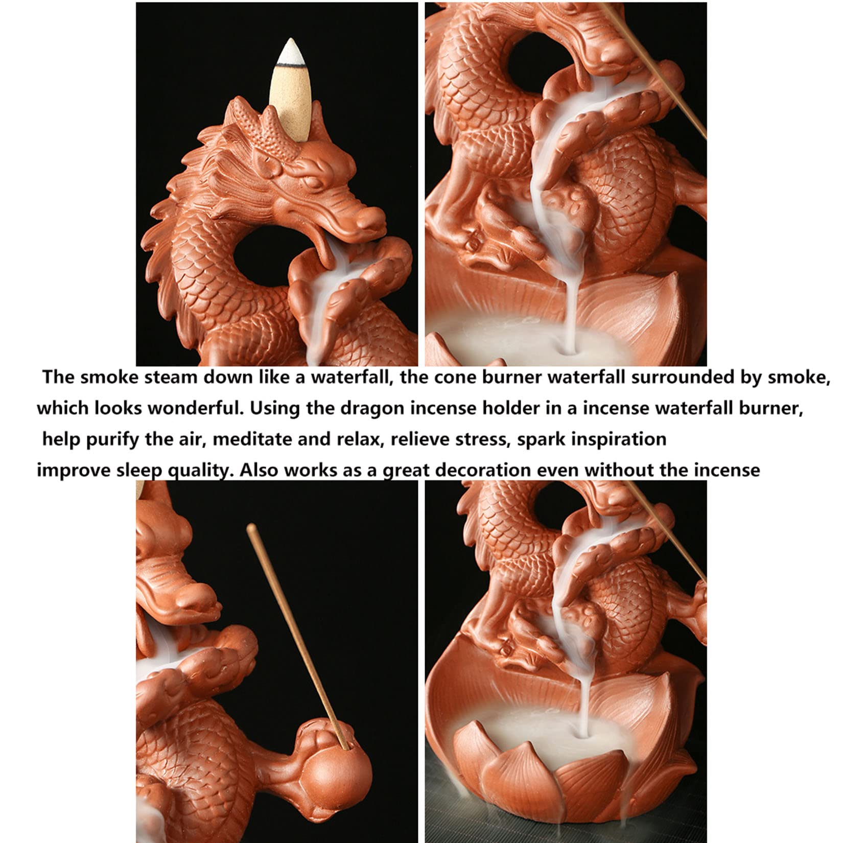Keramik Wasserfall Räucherstäbchen, Backflow Räucherstäbchen, Räucherstäbchen Halter, Drachen Räucherstäbchen, Räucherstäbchen Sitz Mit 20 Backflow Räucherkegel+30 Räucherstäbchen,Braun