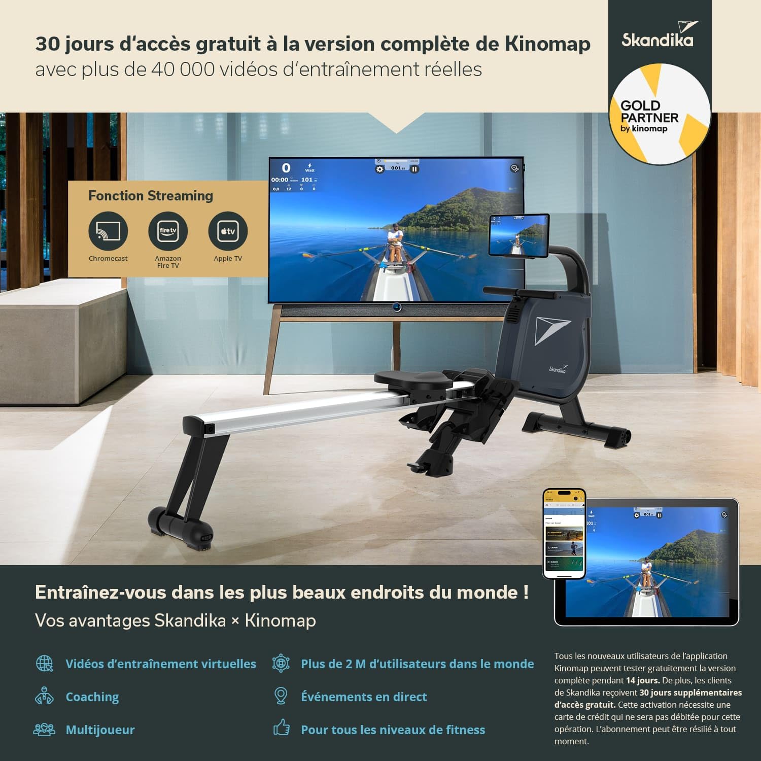 Skandika Rameur Pliable D’Appartement Njord, 16 Niveaux de Résistance, Qualité Studio, 12 Programmes, Écran LCD inertie 8KG, Rameur Magnétique, Kinomap, Rail 128cm, Support Tablette, Max 180KG