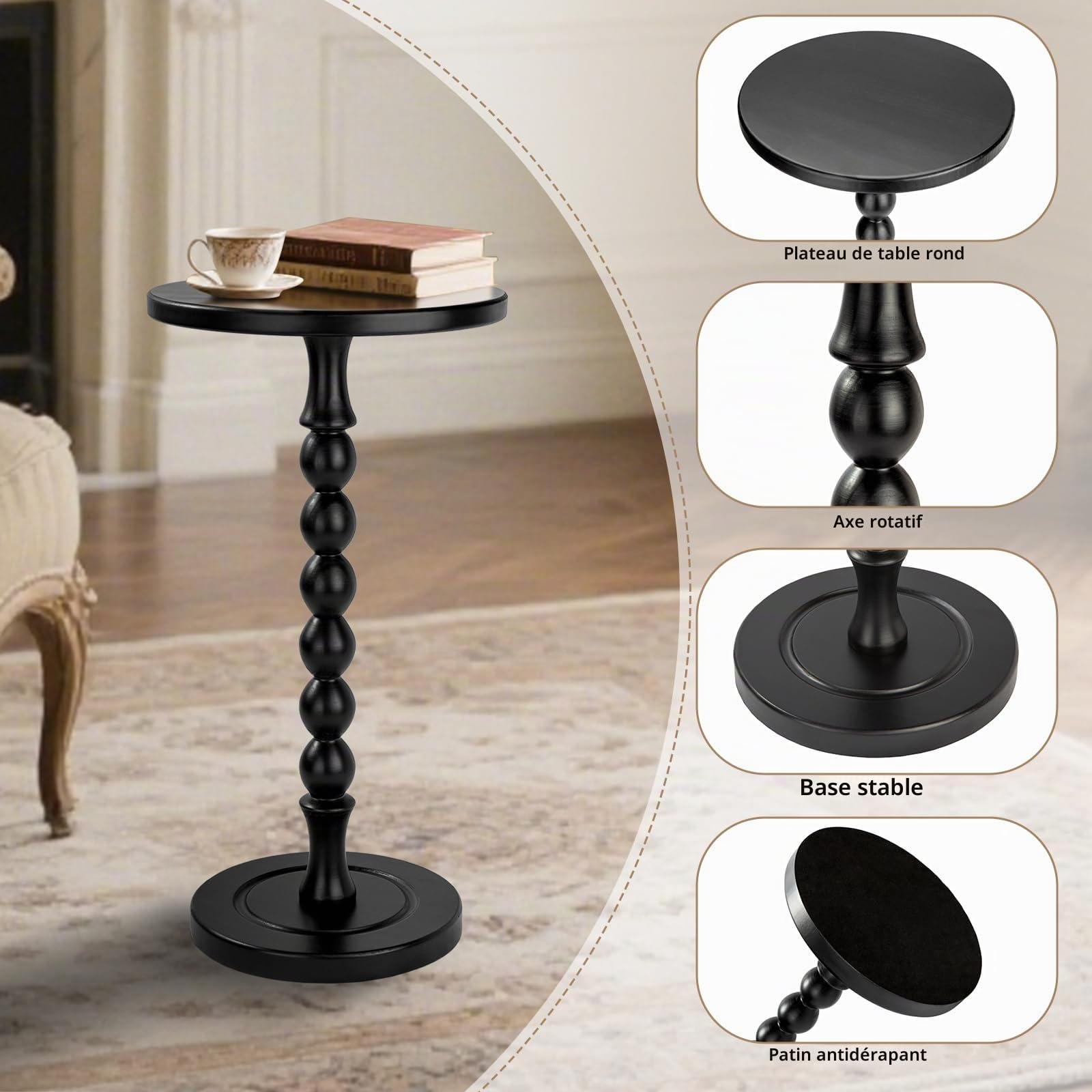 Table d'appoint Ronde pour Petits espaces, Table à Boissons avec piédestal en chêne, Table de Chevet Moderne pour Salon, Chambre, Bureau et Coins, Assemblage sans Outil, Noire