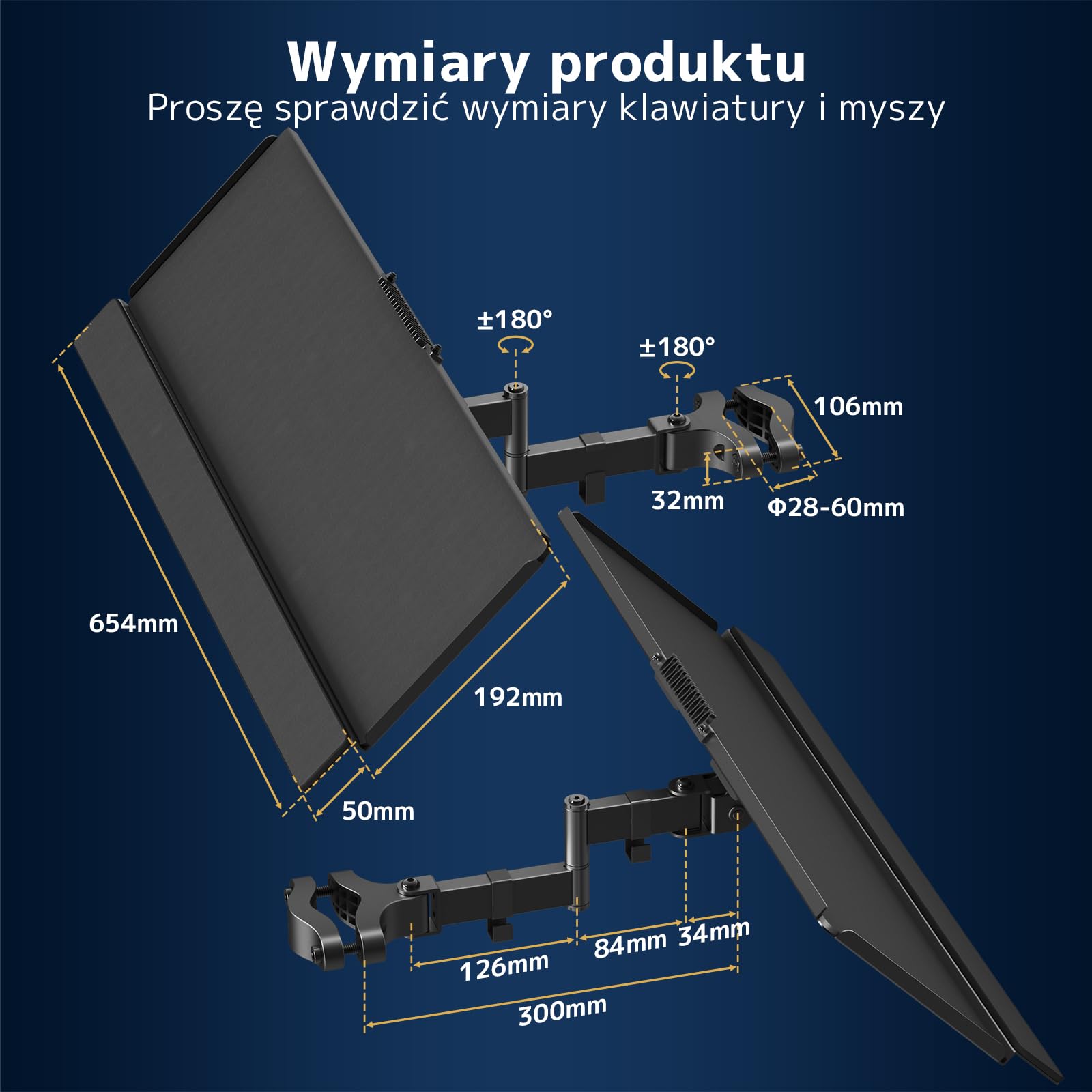 Uchwyt na Klawiaturę do Montażu na Słupku 65,4 × 19,2 cm – Uniwersalna Półka na Klawiaturę do Ø 28–60 mm, Obrót 360° i Regulacja Nachylenia, Ergonomiczna Platforma z Organizacją Kabli