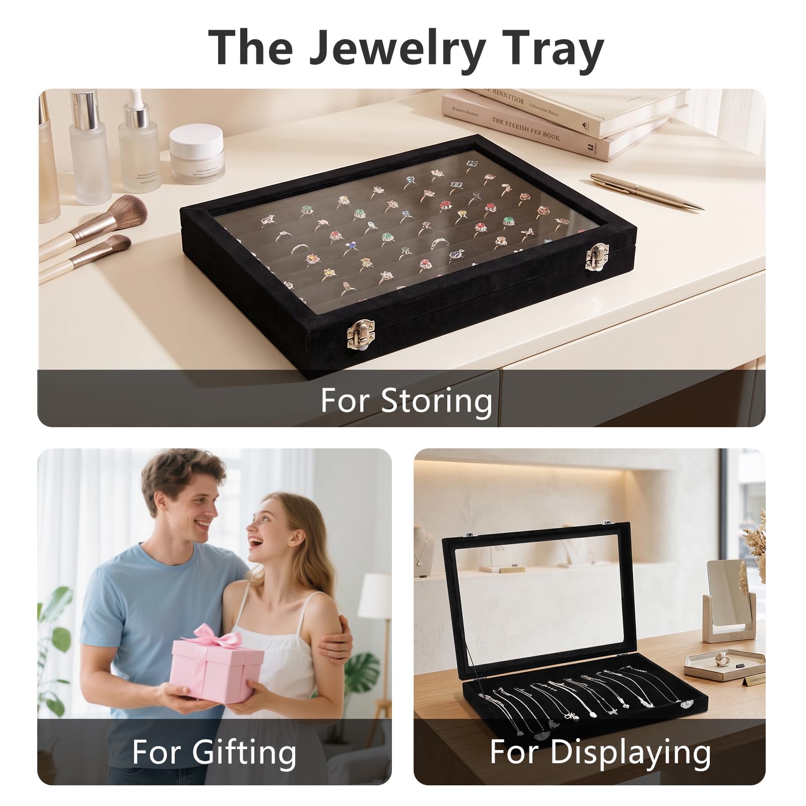 Wudygirl Organizador de anillos de 7 ranuras para anillos y joyas, caja de terciopelo con múltiples ranuras, organizador de anillos y escaparate de joyas (terciopelo negro)