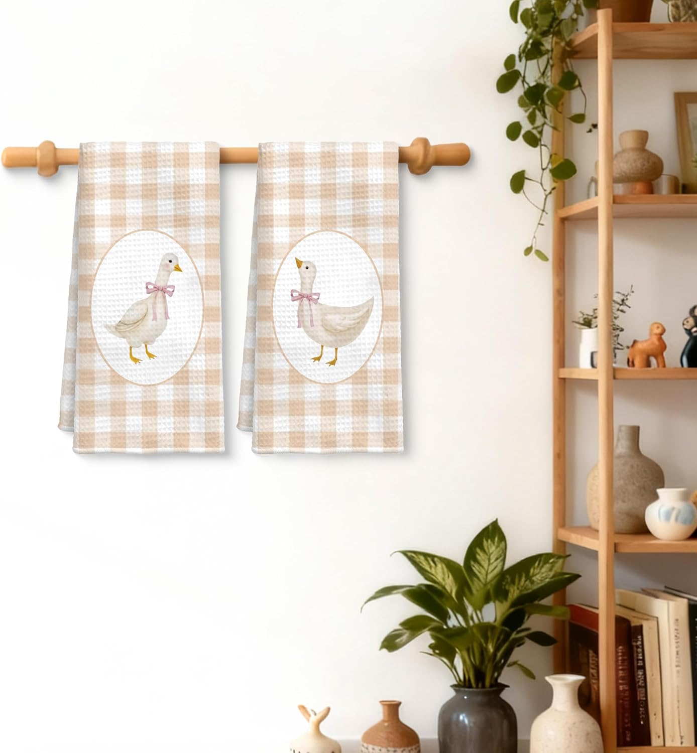 Farmhouse Goose Kitchen Towels Set of 2, Goose Decor Beige Gingham Checkered Dish Tea Towels, Coquette Pink Bow Goose Nursery Hand Towels for Bathroom Kitchen Decor, 16x24 Inch