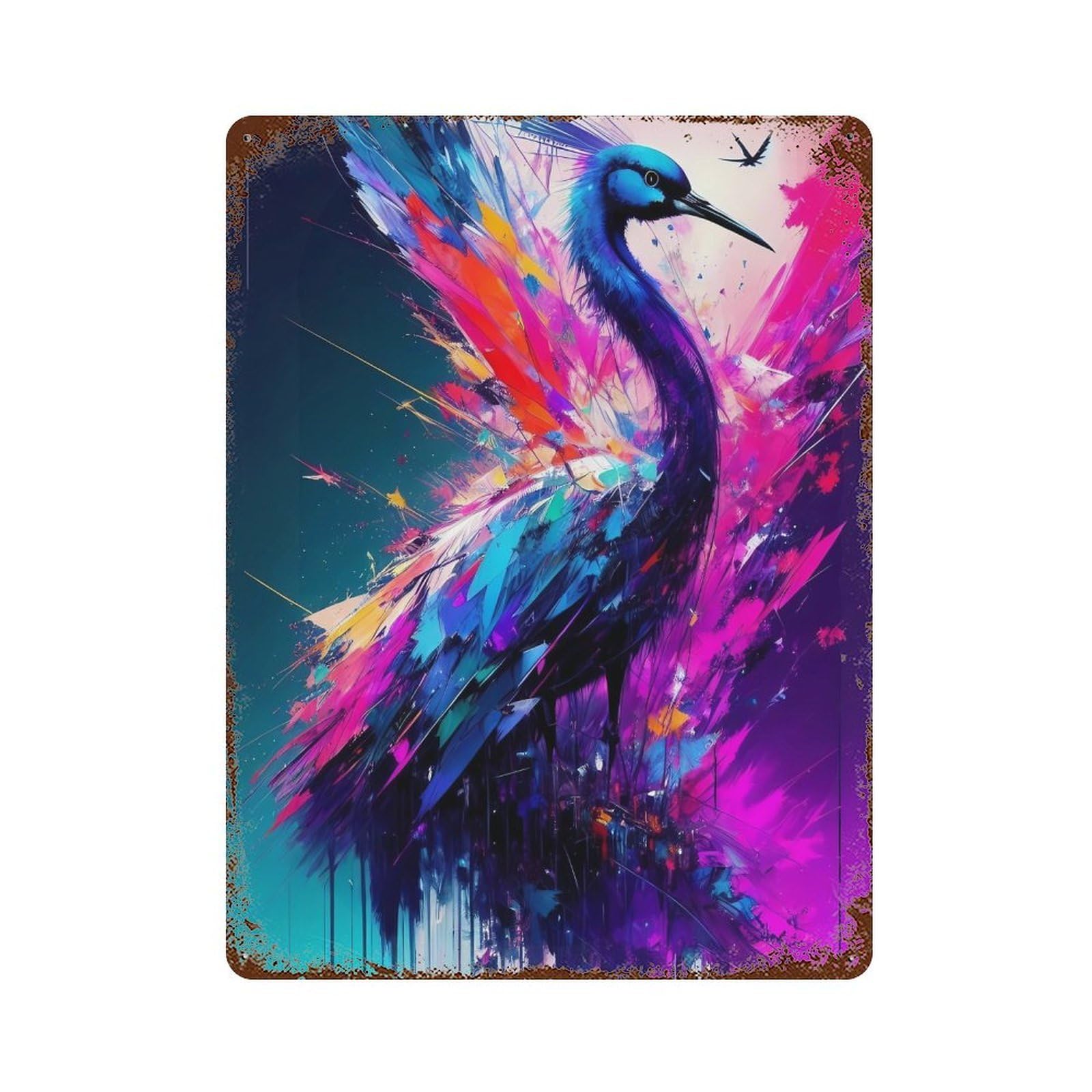 Vintage Rust Metal Sign Colorful Abstract Bird Painting 15.7"x11.8", Vintage Wall Decor for Office, Studio And Wall Decor