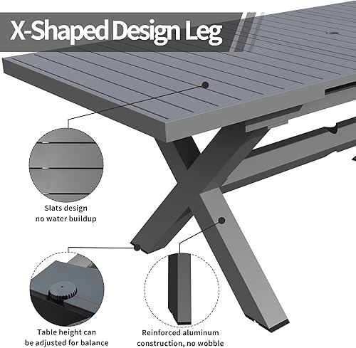 Miniatura 7 de TWT Juego de mesa de comedor expandible para 6 a 10 personas, mesa de comedor de aluminio para exteriores, mesa rectangular de metal para patio con