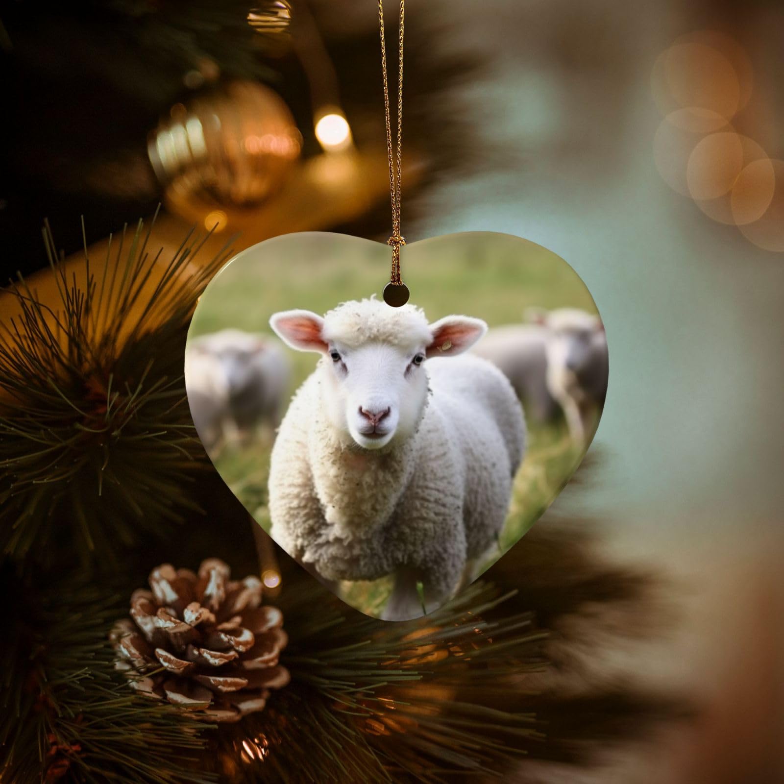 Christmas Ornaments for Christmas Tree Decoration Hanging Cute Sheep Lamb Ornament with Gold Ribbon Crafts Heart Shape Ceramic Pendant for Keepsake Gifts Xmas Decor Party Supplies