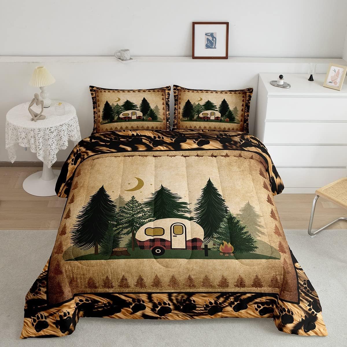Erosebridal Happy Camping Camper Comforter Queen Rustic Farmhouse Bedding for Kids Teen, RV Accessories Down Comforter Moon Print Bed Set, Brown Tie Dye Quilted Duvet Woodland Adventure Theme Decor